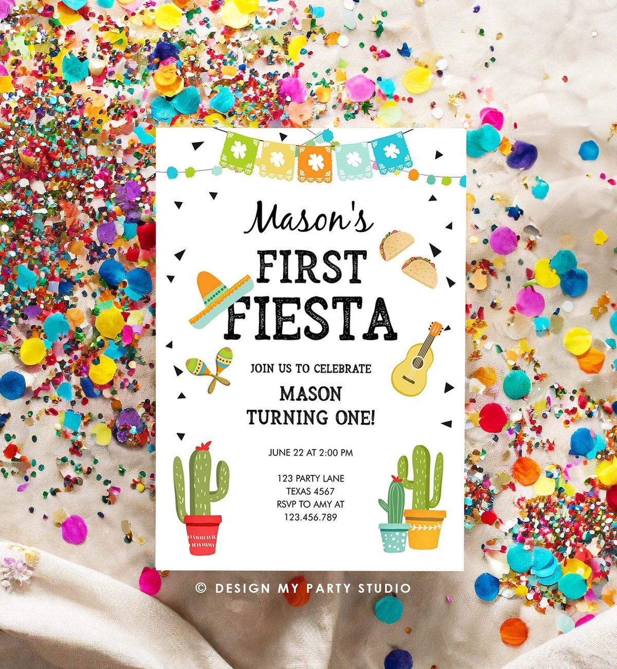 Editable First Fiesta Birthday Invitation Boy 1st Fiesta Taco Sombrero Blue Party Mexican Digital Download Evite Template Printable0161