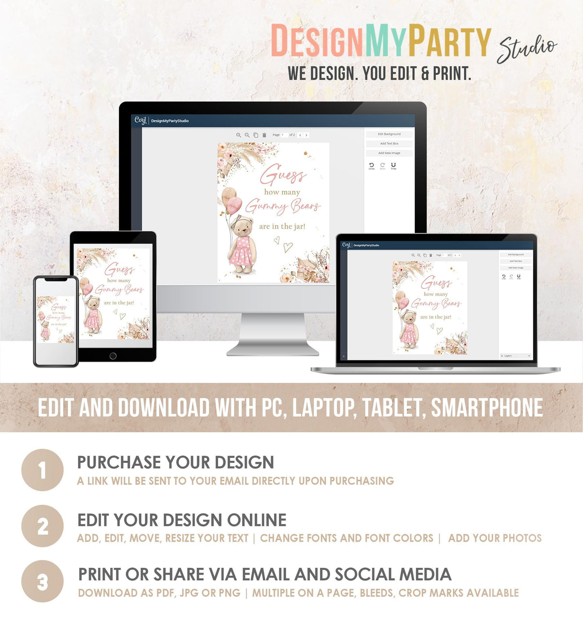 Editable Guess How Many Gummy Bears Are In The Jar Teddy Bear Girl Baby Shower Guessing Game Bearly Wait Download Template Printable 0421