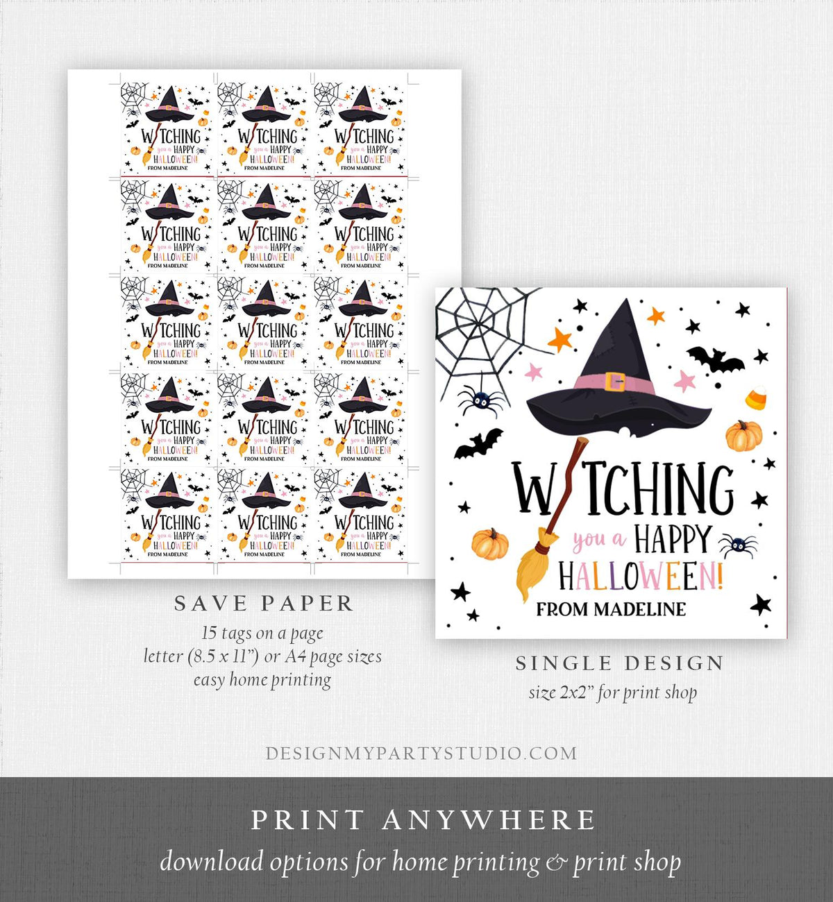 Editable Halloween Favor Tags Witching You a Happy Halloween Trick Or Treat Favor Tags Birthday Party Download Template Printable 0261