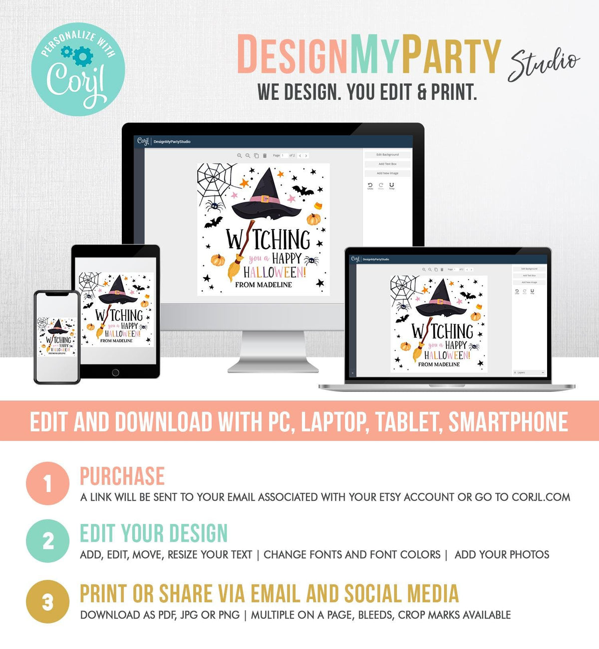 Editable Halloween Favor Tags Witching You a Happy Halloween Trick Or Treat Favor Tags Birthday Party Download Template Printable 0261