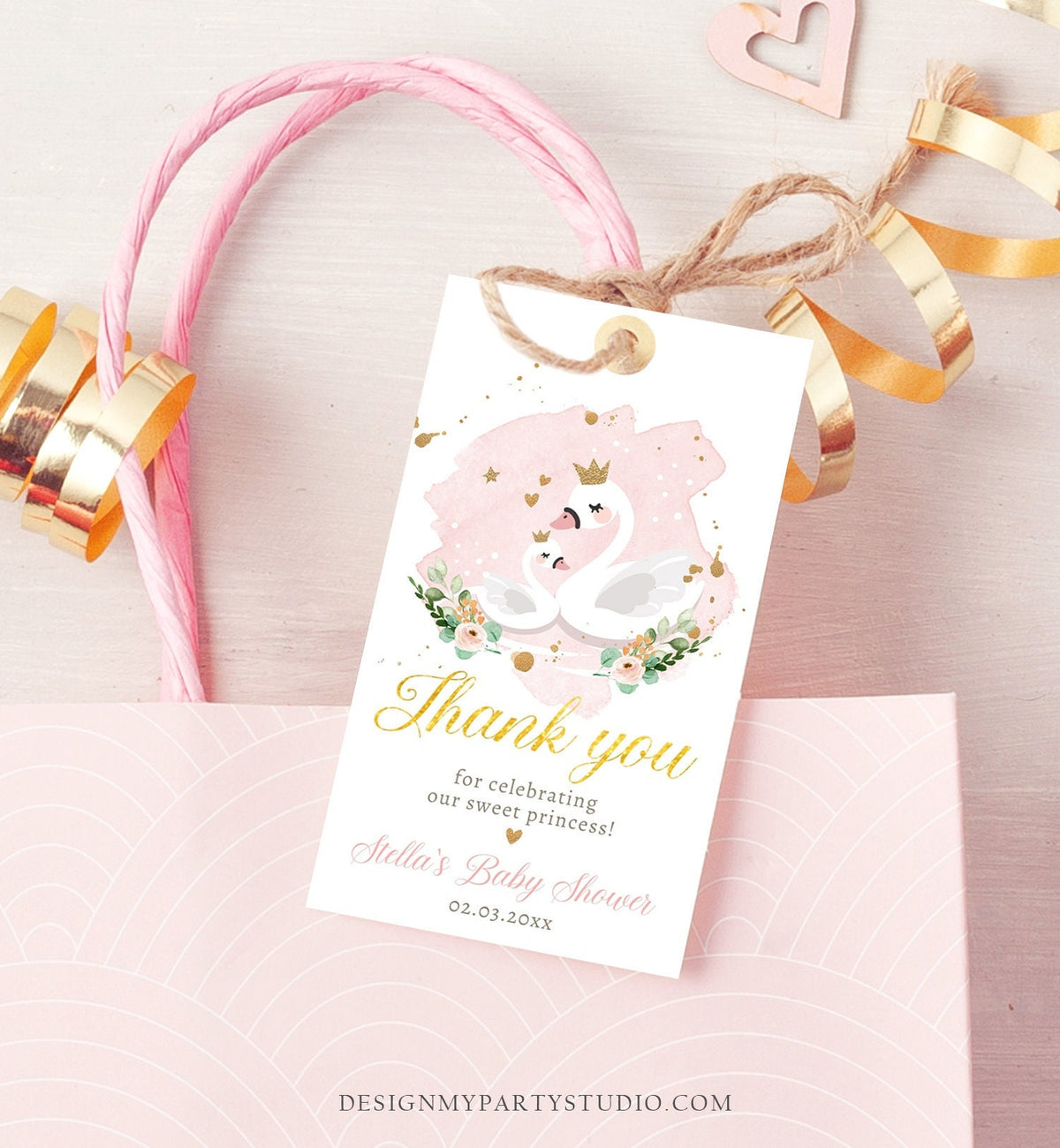 Editable Floral Swan Baby Shower Favor Tags Thank You Tags Swans Girl Pink Gold Princess Swan Gift Tag Decor Digital Template Printable 0382