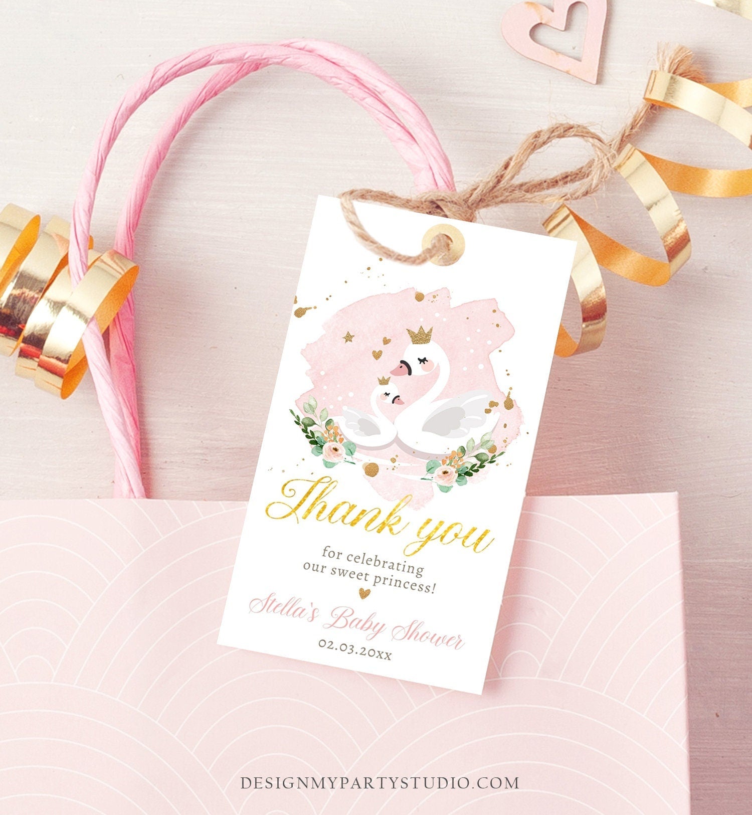 Editable Floral Swan Baby Shower Favor Tags Thank You Tags Swans Girl Pink Gold Princess Swan Gift Tag Decor Digital Template Printable 0382