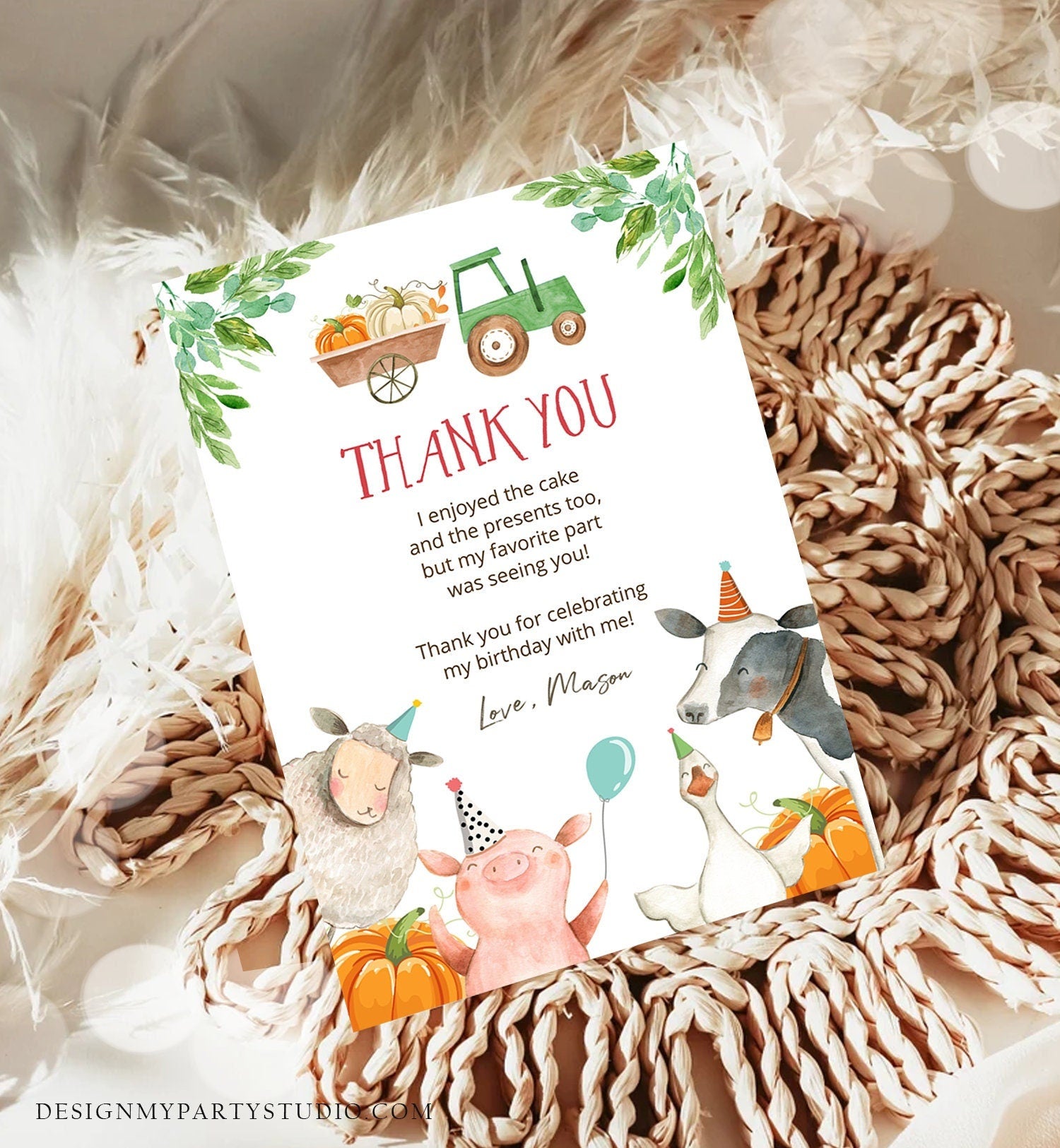 Editable Farm Animals Thank You Card Pumpkin Boy Green Tractor Farm Birthday Barnyard Thank You Fall Autumn Digital Template Printable 0155
