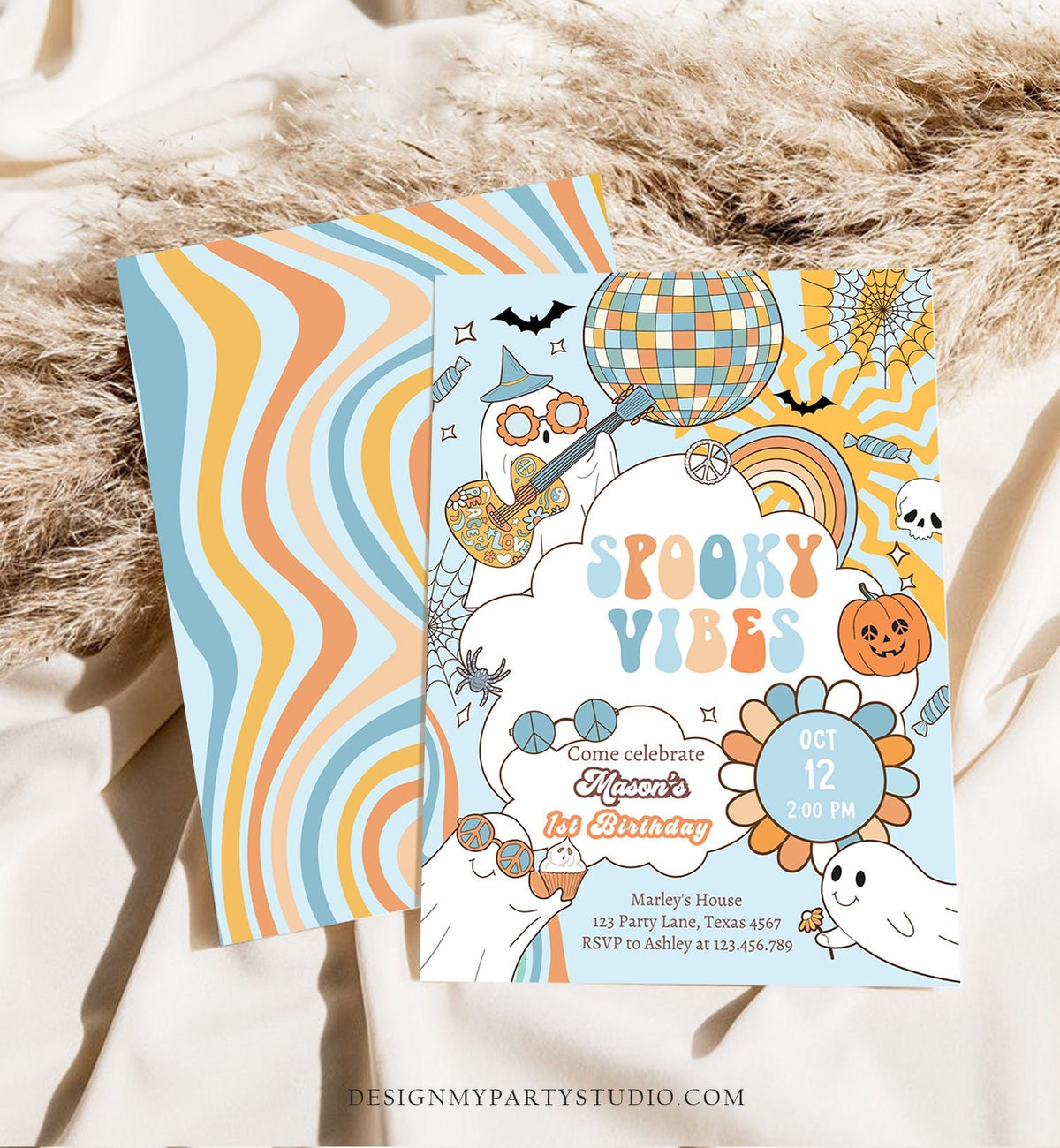 Editable Groovy Halloween Birthday Invitation Boy Spooky Vibes Ghost Party Blue Spooktacular Spooky Digital Download Template Printable 0471