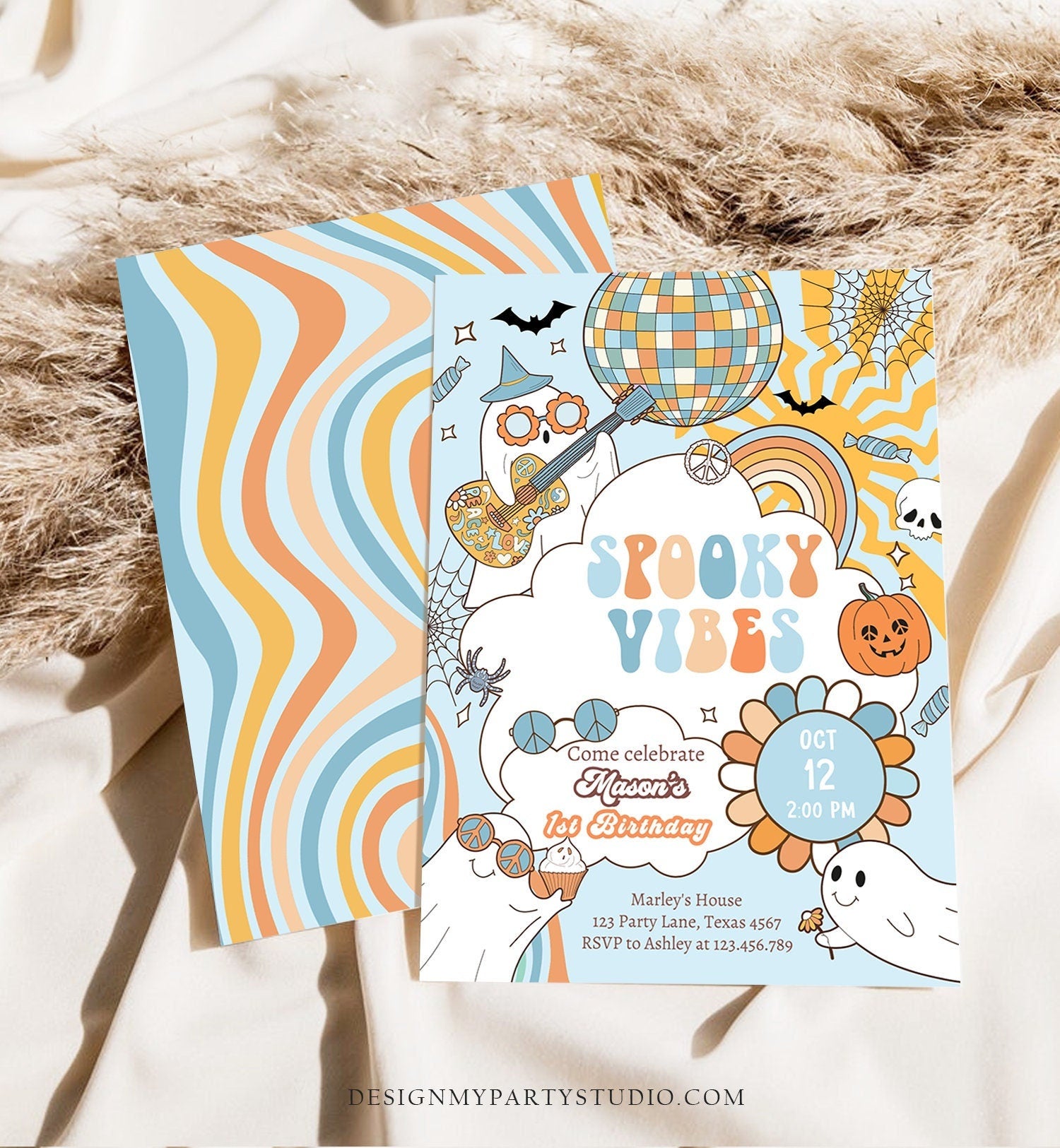Editable Groovy Halloween Birthday Invitation Boy Spooky Vibes Ghost Party Blue Spooktacular Spooky Digital Download Template Printable 0471
