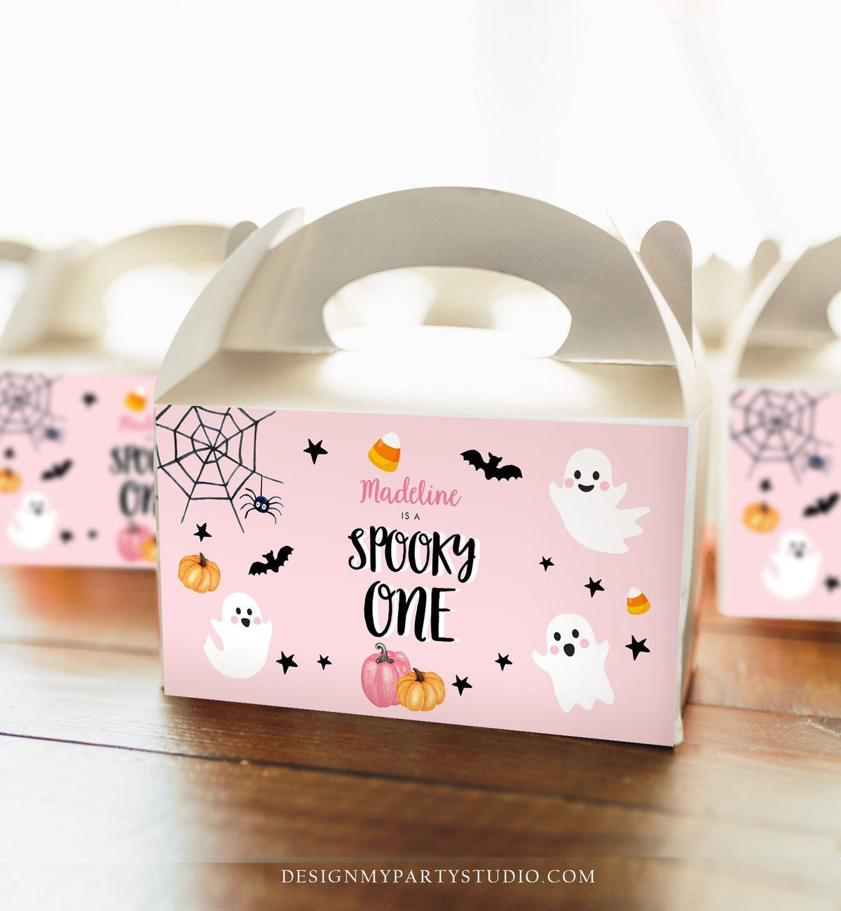Editable Pink Halloween Gable Box Favor Label Halloween Birthday Gift Box Spooky One Pink Ghost 1st Digital Download Template Printable 0418