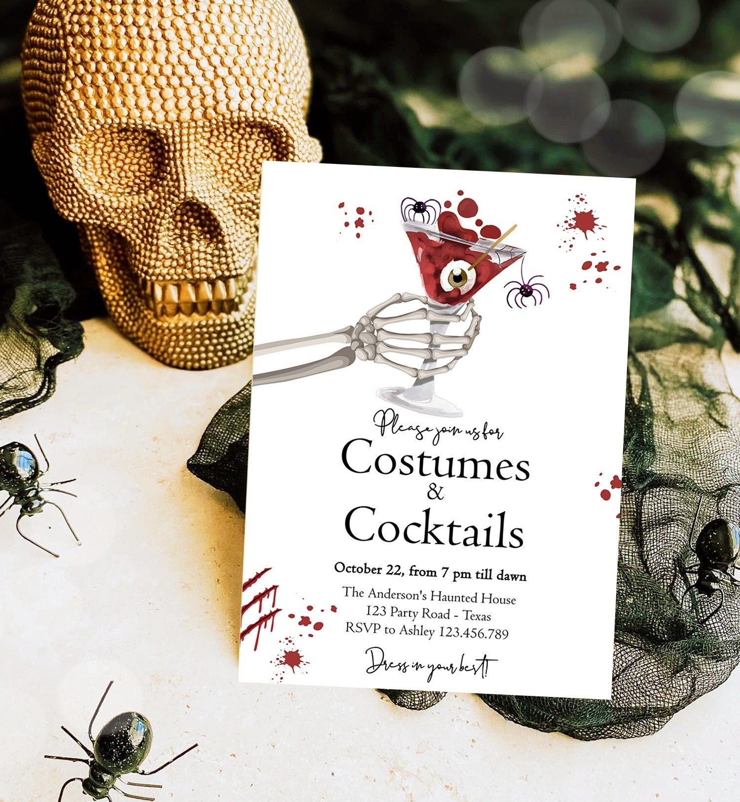 Editable Costumes And Cocktails Halloween Party Invitation Adult Party Boos & Booze Vintage Gothic Digital Template Printable 0472 0009