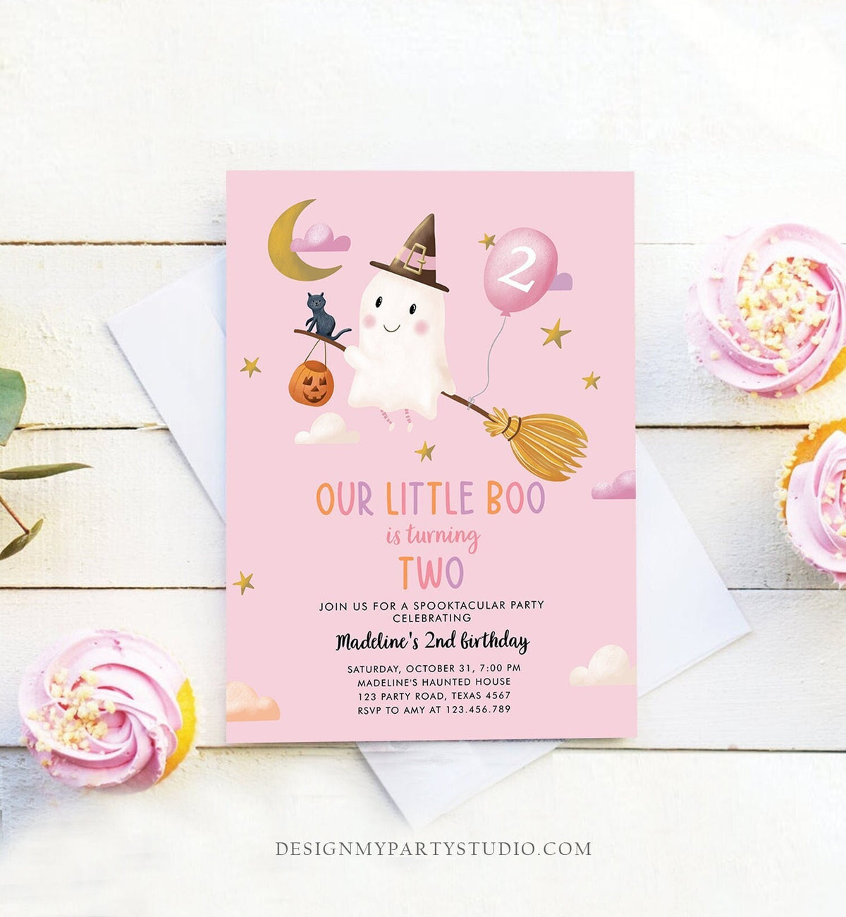 Editable Ghost Halloween 2nd Birthday Invitation Pink Costume Party Girl Pink Boo Spooktacular Spooky Download Template Printable 0479 0009