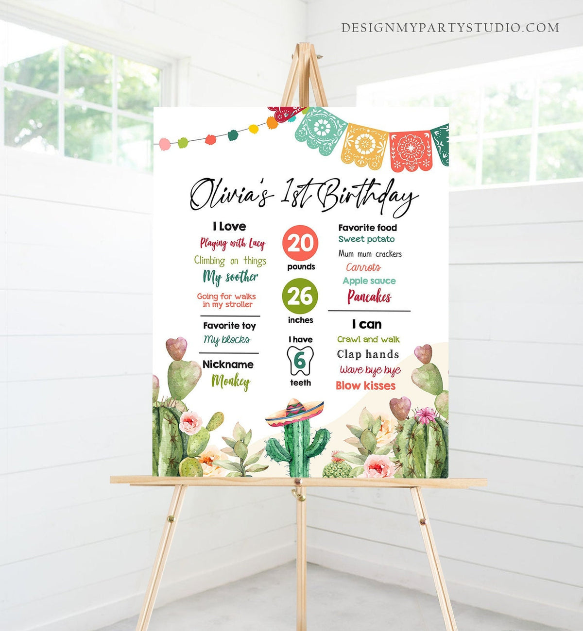 Editable Cactus Fiesta Birthday Milestones Sign First Birthday Poster1st Birthday Mexican Floral Digital Download Template Printable 0404