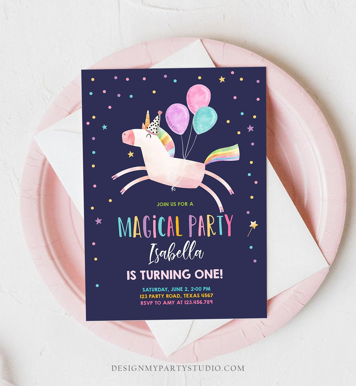 Editable Unicorn Birthday Invitation Magical Party Celebration Girl Pink Rainbow Balloons Digital Download Evite Template Printable 0336