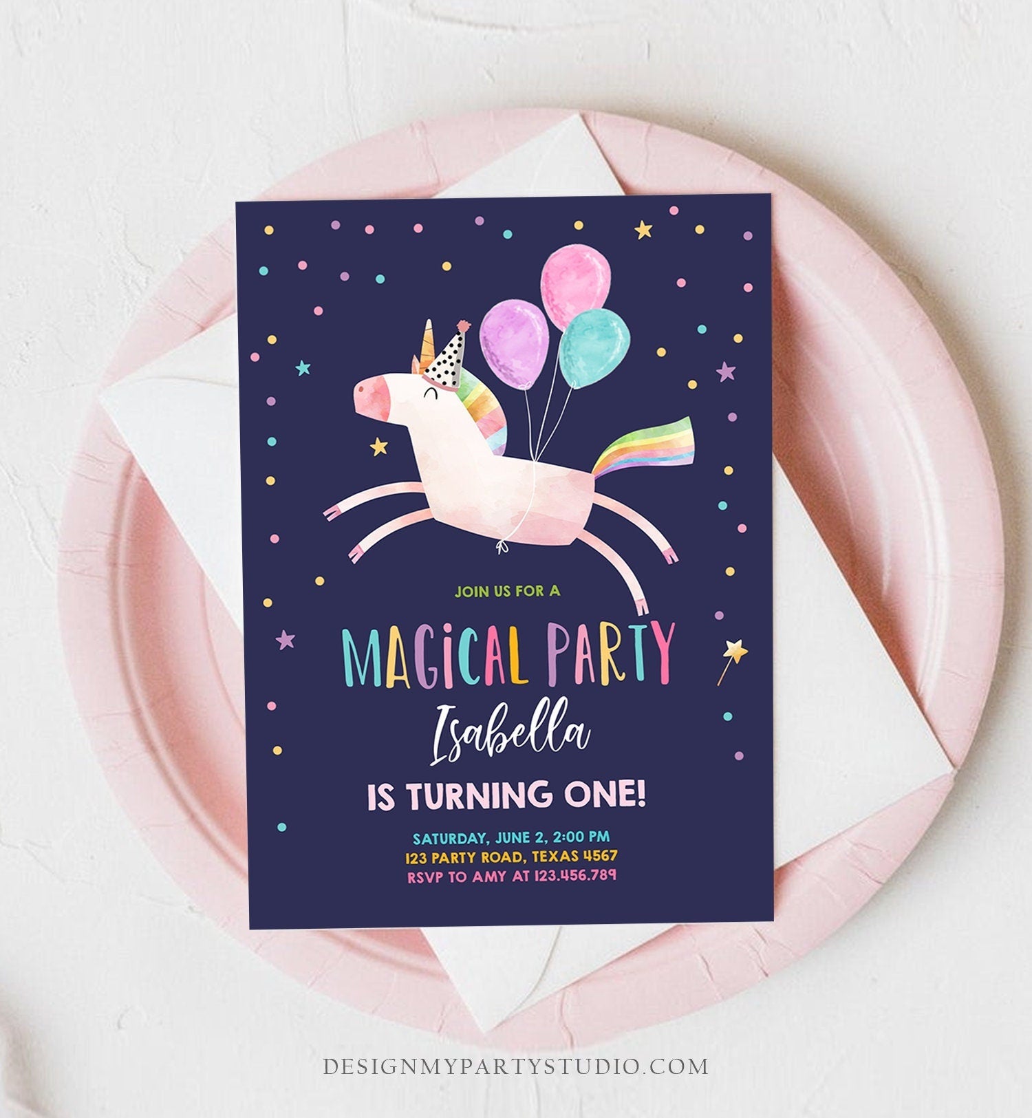Editable Unicorn Birthday Invitation Magical Party Celebration Girl Pink Rainbow Balloons Digital Download Evite Template Printable 0336
