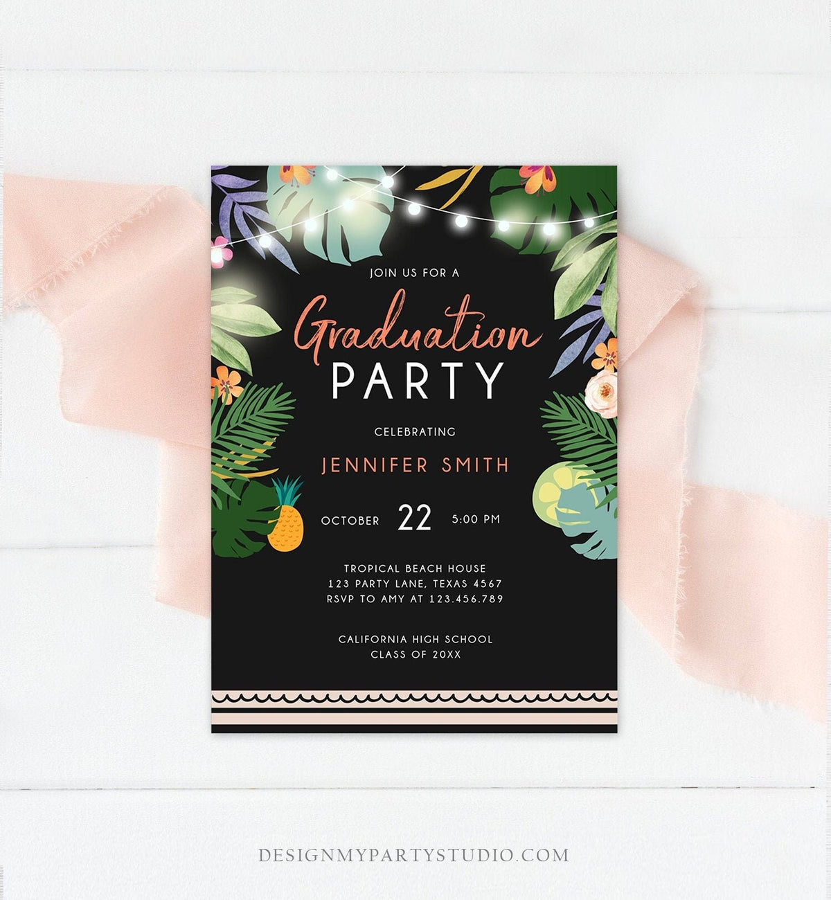Editable Tropical Graduation Party Invitation Luau Class of College High School Grad Party Palm Graduate Hawaiian Template Printable 0183