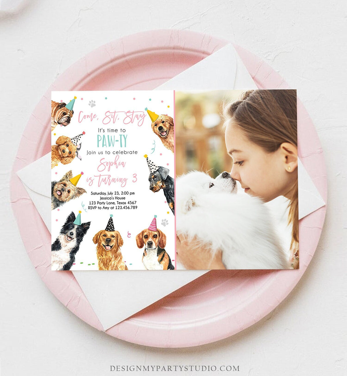 Editable Dog Birthday Party Invitation Puppy Birthday Invite Pink Girl Doggy Shelter Animal Pet Vet Digital Download Template Printable 0384