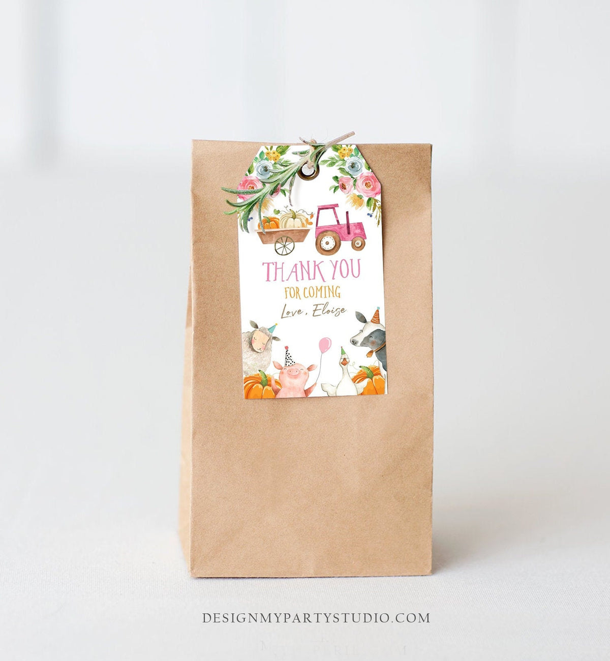 Editable Pumpkin Farm Animals Favor Tag Girl Pink Party Animals Birthday Thank You Gift Tag Fall Digital Download Template Printable 0155