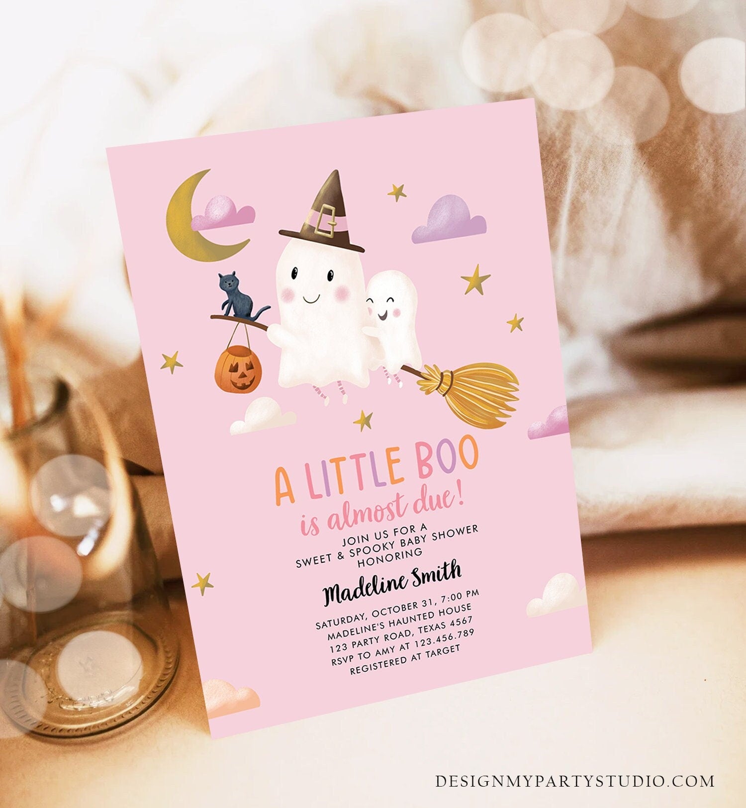 Editable Little Boo Baby Shower Invitation Cute Halloween Baby Boo Almost Due Couples Shower Pink Ghost Girl Template Printable 0479 0009