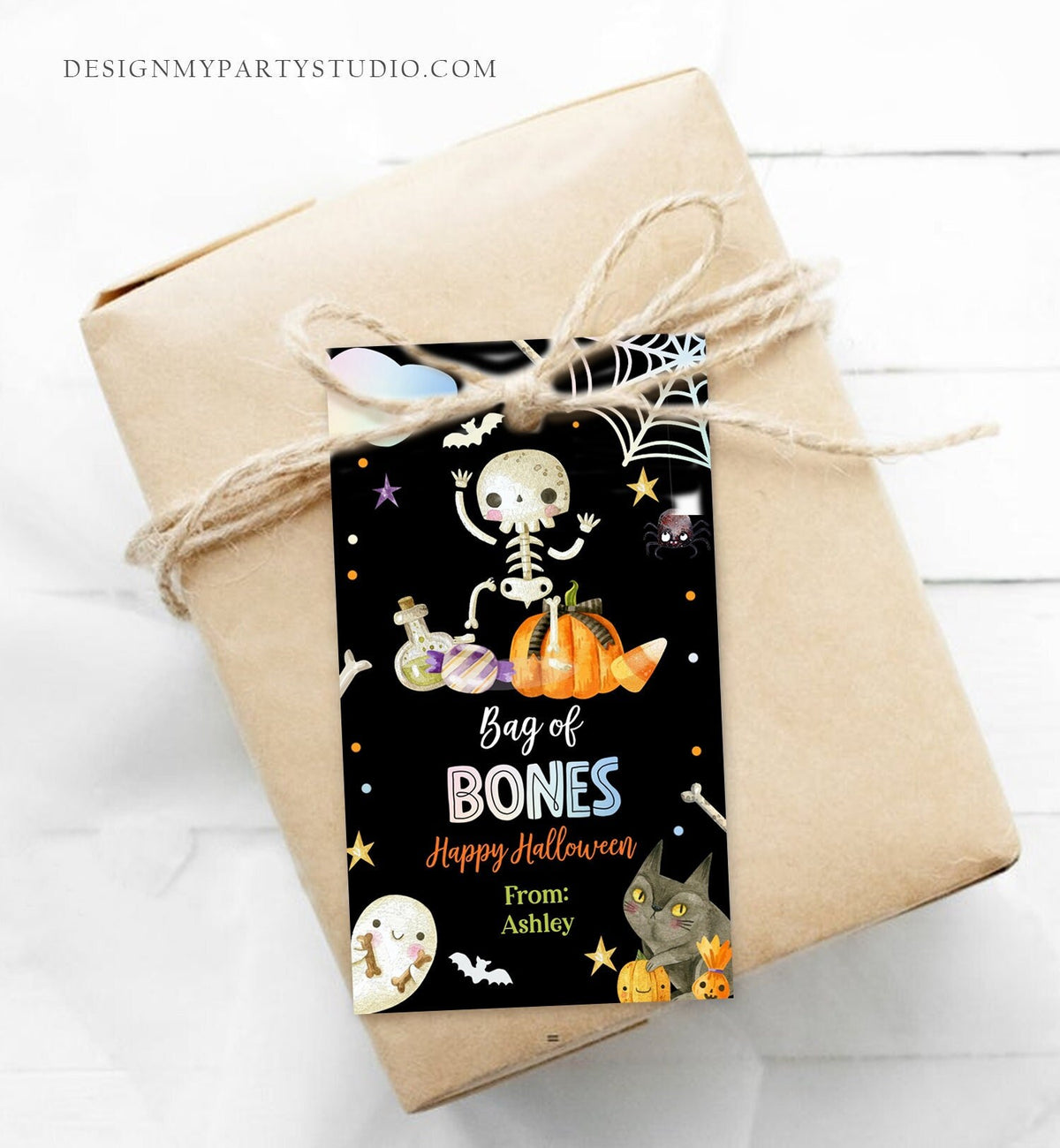 Editable Halloween Gift Tag Skeleton Gift Tags Trick Or Treat Halloween School Treat Bag of Bones Digital Download Template Printable 0261