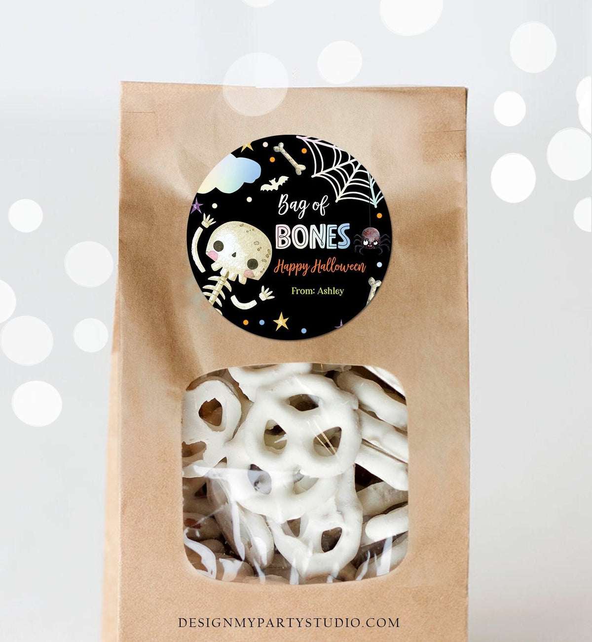 Editable Halloween Gift Tag Skeleton Sticker Trick Or Treat Halloween School Treat Bag of Bones Tag Digital Download Template Printable 0261