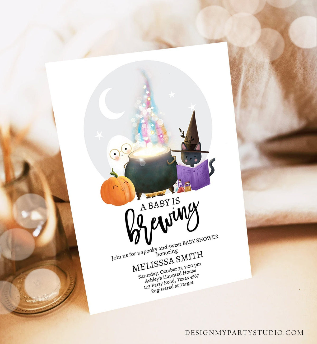 Editable A Baby is Brewing Halloween Baby Shower Invitation Gender Neutral Spooky Fall Couples Digital Download Template Printable 0480 0009