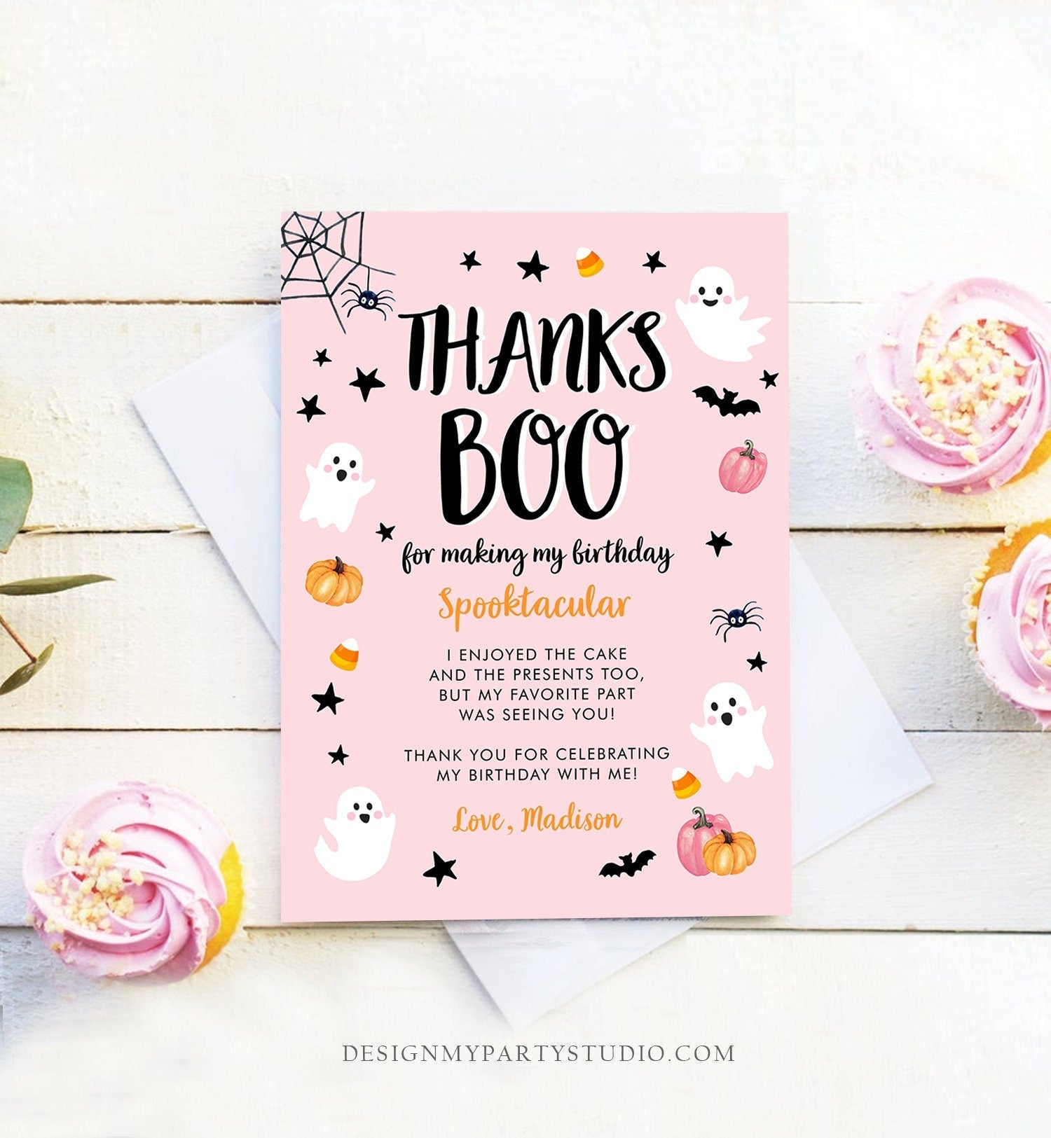 Editable Thanks Boo Halloween Thank You Card Note Pink Ghost Pumpkin Birthday Girl Birthday Digital Download Template Printable 0009 0418