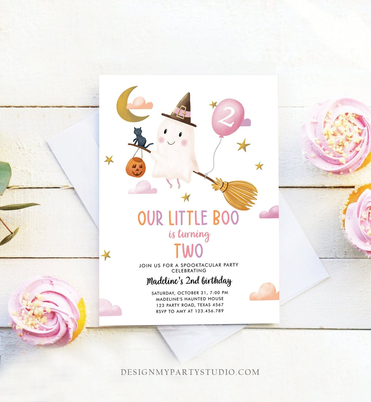 Editable Halloween 2nd Birthday Invitation Pink Ghost Costume Party Girl Pink Boo Spooktacular Spooky Download Template Printable 0479 0009