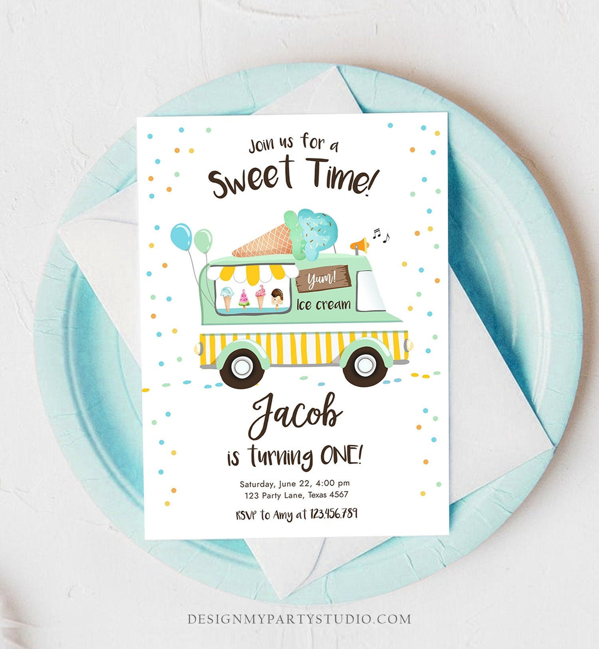 Editable Ice Cream Truck Birthday Invitation Ice Cream Birthday Party Cone Boy Girl Mint Yellow Summer Twin Digital Template Printable 0243