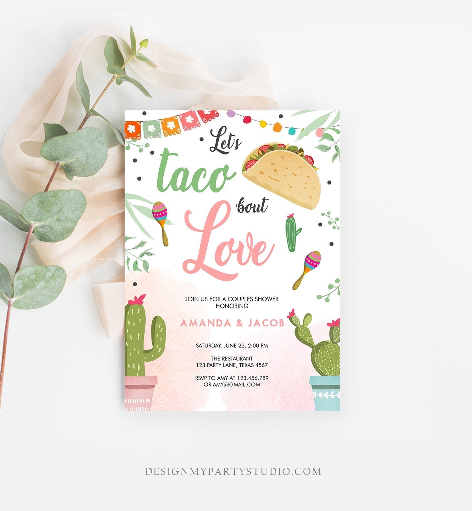 Editable Taco Bout Love Fiesta Couples Shower Invite Cactus Bridal Shower Taco Digital Download Evite Template Printable 0254