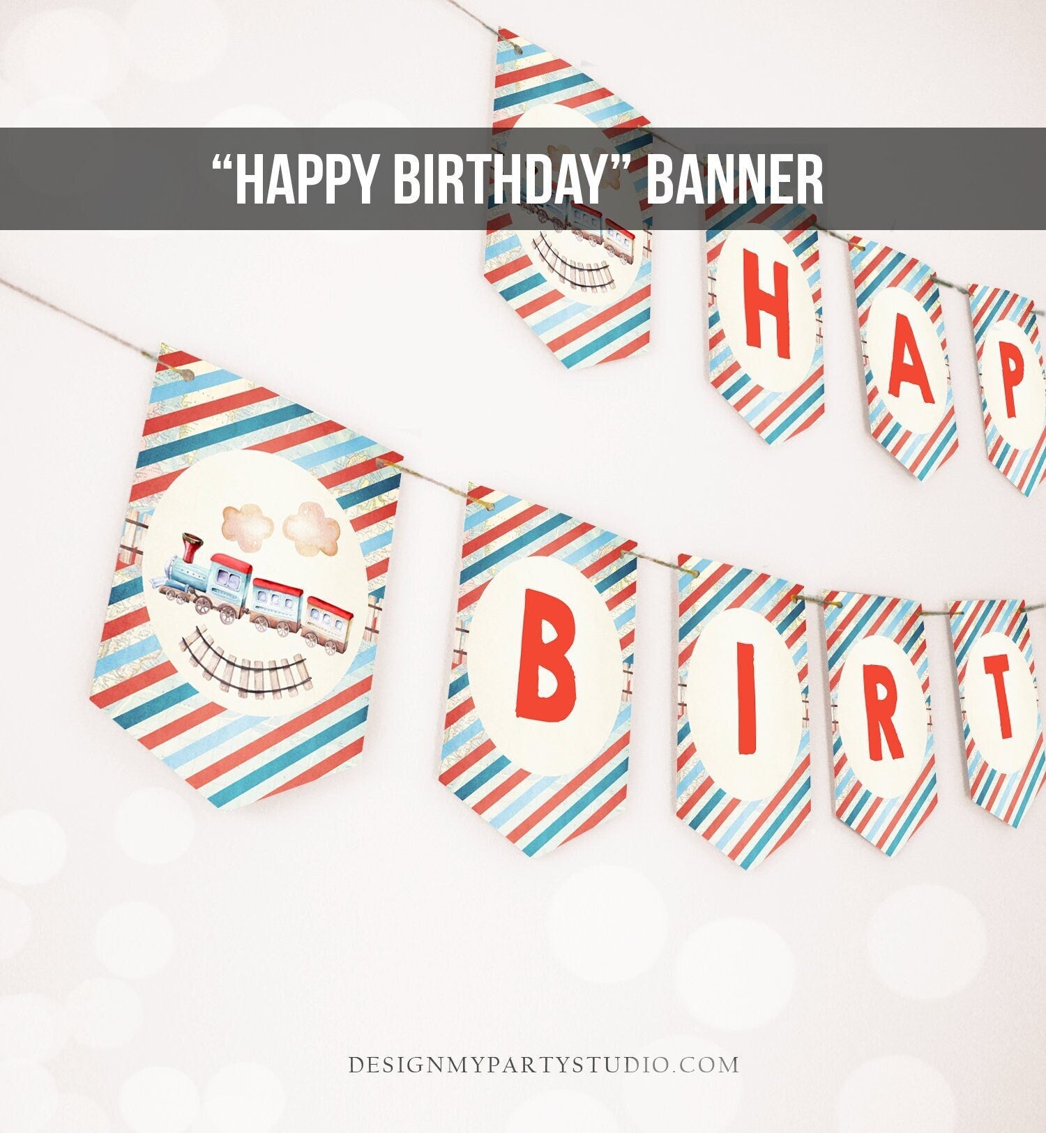 Happy Birthday Banner Train Birthday Banner Train Birthday Boy Blue Red Train Choo Choo Decorations Instant Digital Download Printable 0149