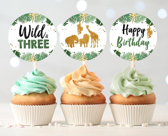 Wild &amp; Three Cupcake Toppers Favor Tags Birthday Party Decoration Boy Stickers Safari Animals Black and Gold Digital Download Printable 0016