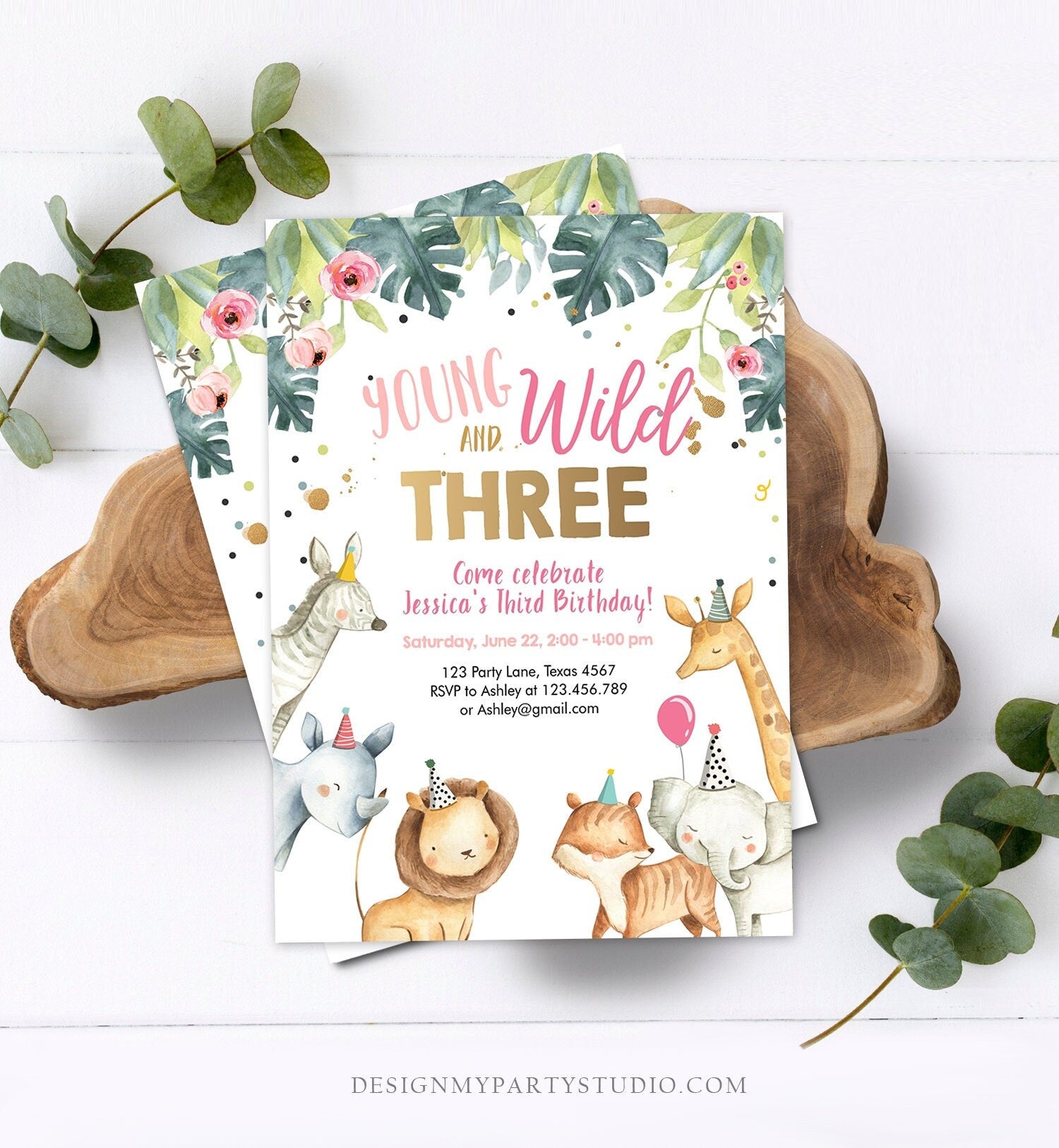 Editable Young Wild and Three Invitation Girl Pink Safari Animals Party Animals Zoo Digital Download Evite Template Printable 0163