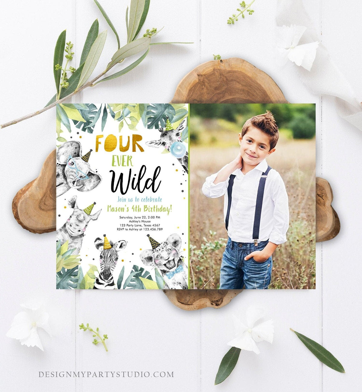 Editable Four Ever Wild Invitation Safari Animals Party Animals Boy Gold Fourth Birthday 4th Zoo Digital Download Template Printable 0322