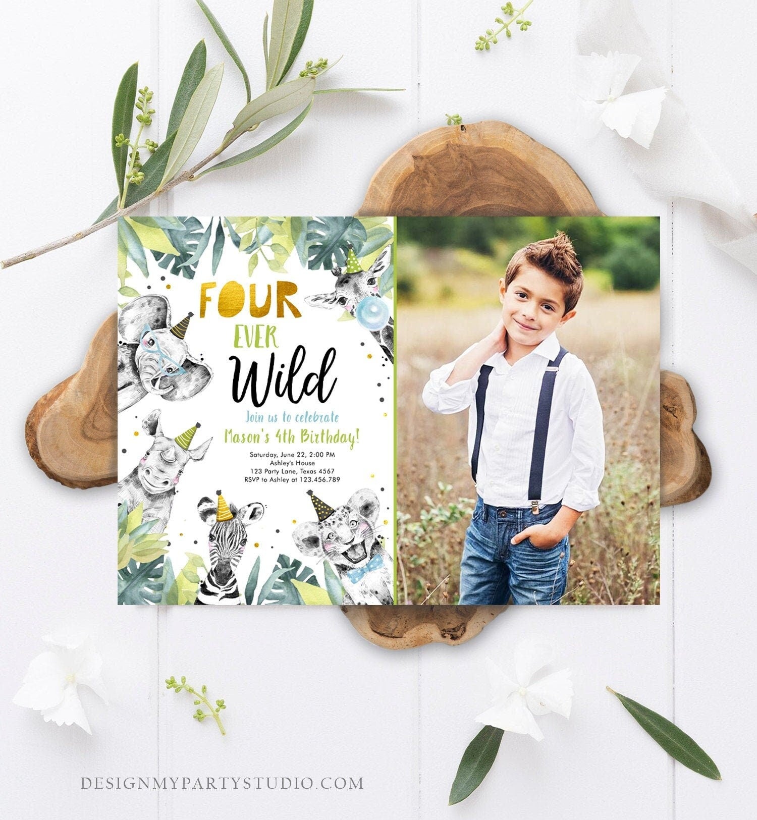 Editable Four Ever Wild Invitation Safari Animals Party Animals Boy Gold Fourth Birthday 4th Zoo Digital Download Template Printable 0322