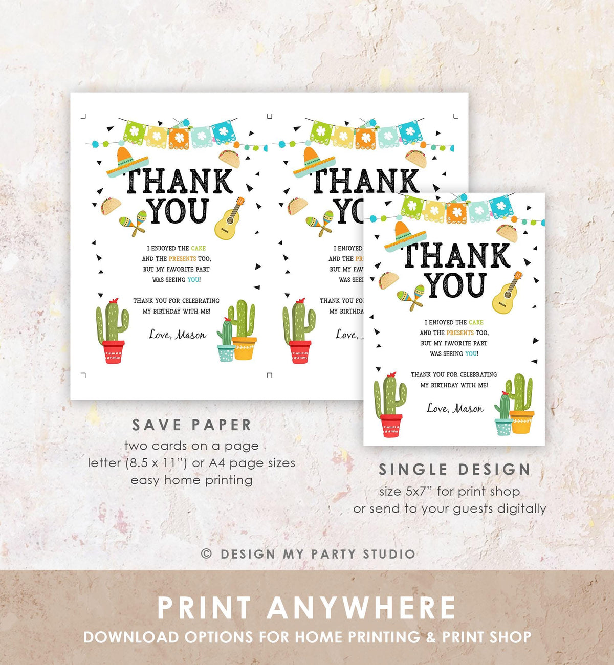 Editable Fiesta Thank You Card Birthday Taco Bout Bridal Shower Baby Cactus Succulent Mexican First Fiesta Digital Template Printable 0161