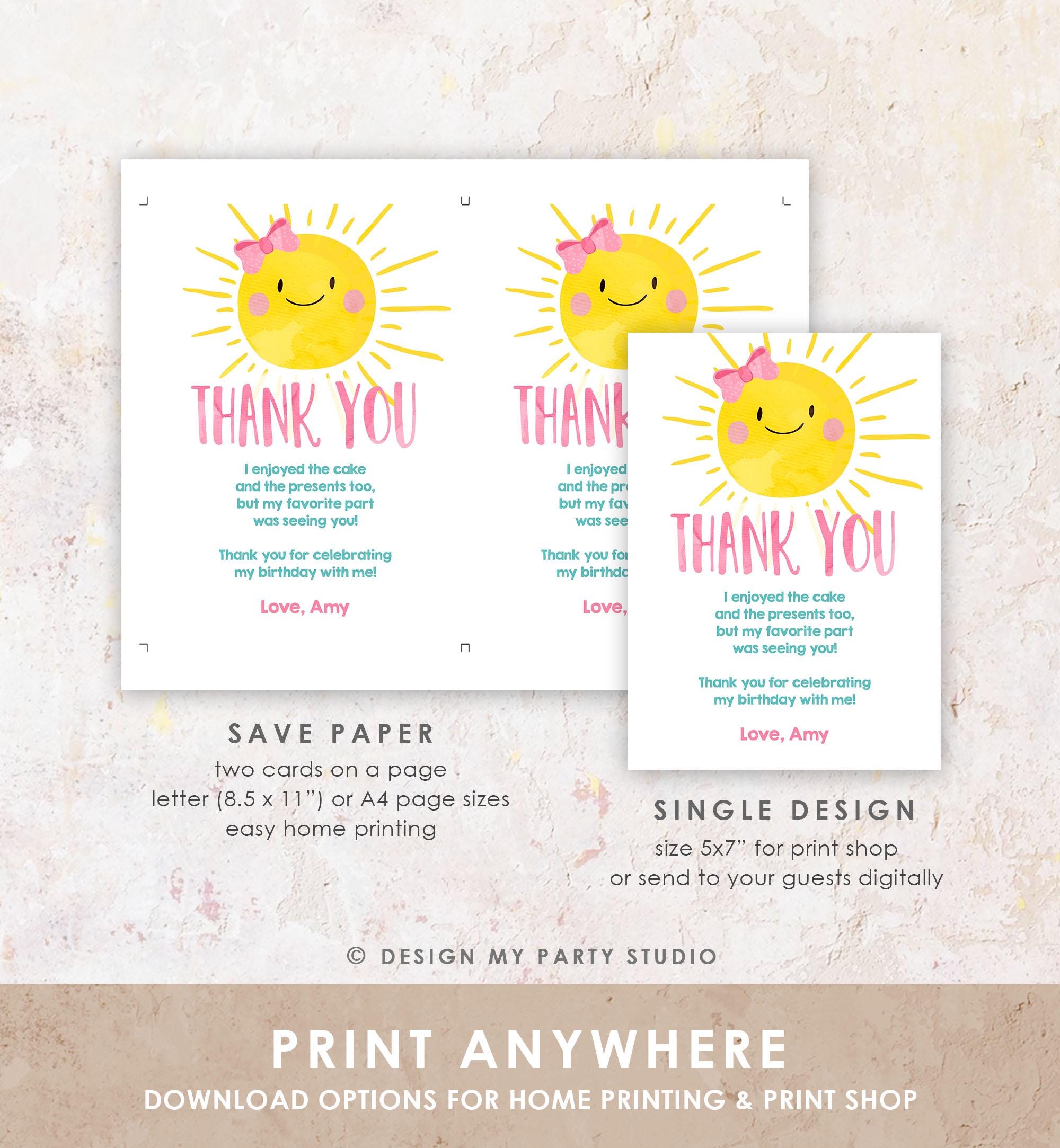 Editable Little Sunshine Thank You Card Birthday Party Pink Girl Around the Sun Baby Shower First Birthday Digital Template Printable 0141