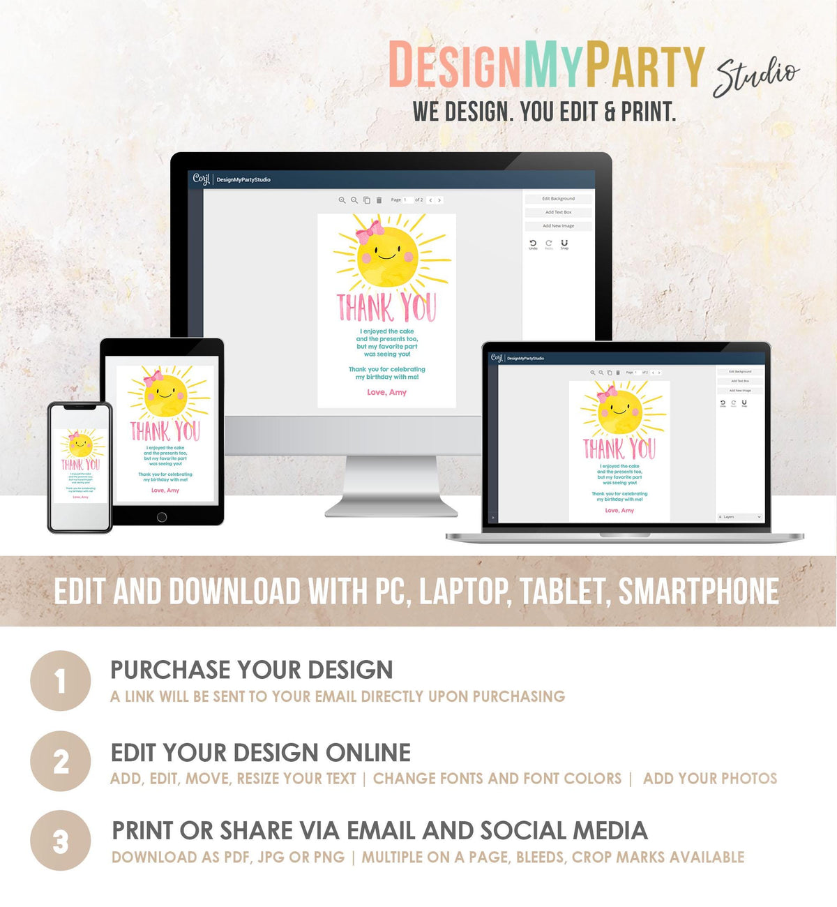 Editable Little Sunshine Thank You Card Birthday Party Pink Girl Around the Sun Baby Shower First Birthday Digital Template Printable 0141