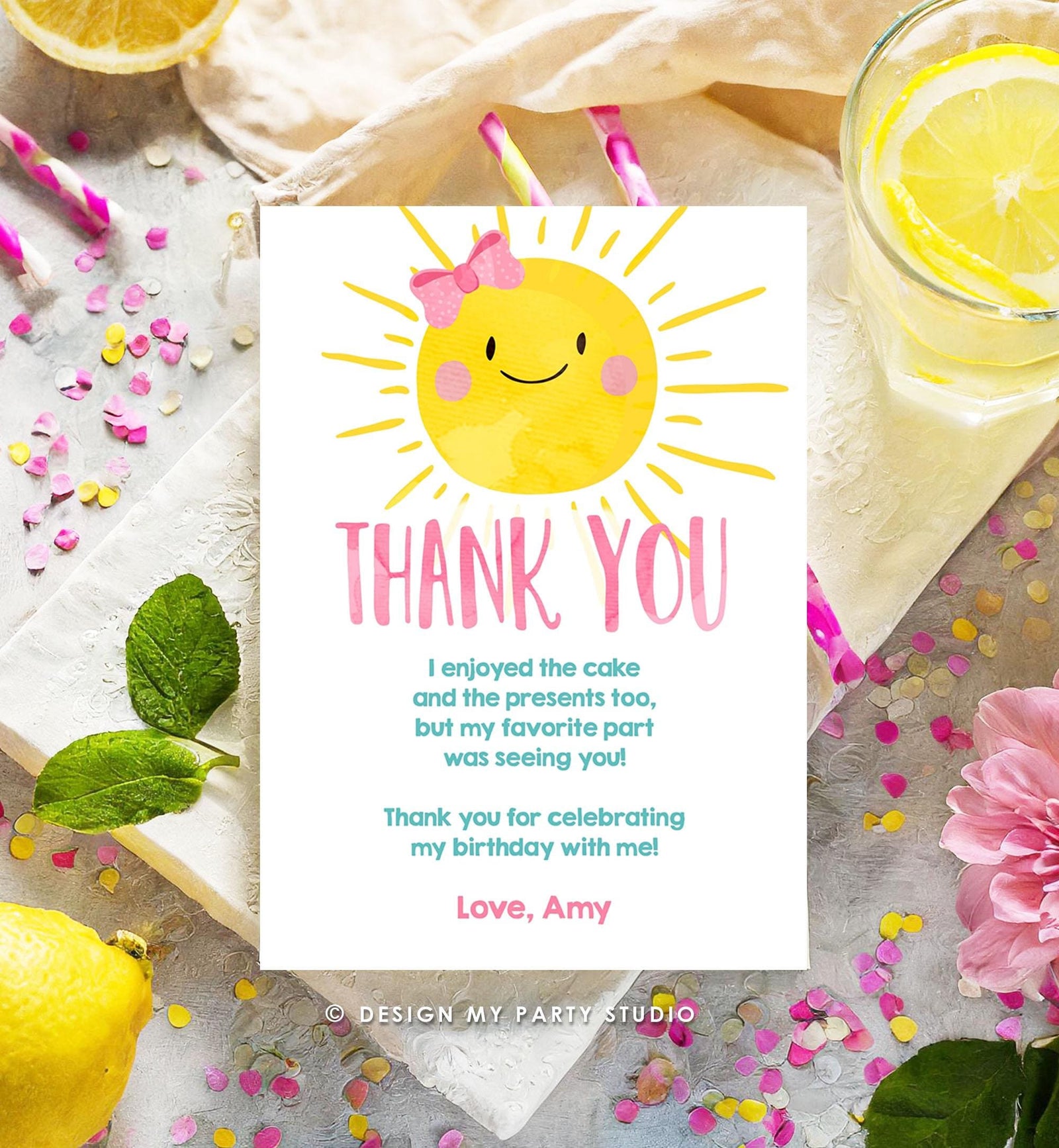 Editable Little Sunshine Thank You Card Birthday Party Pink Girl Around the Sun Baby Shower First Birthday Digital Template Printable 0141