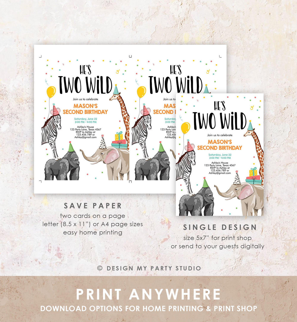Editable Two Wild Birthday Invitation Safari Animals Party Jungle Zoo Animals Boy Party Animals Download Printable Evite Template 0142