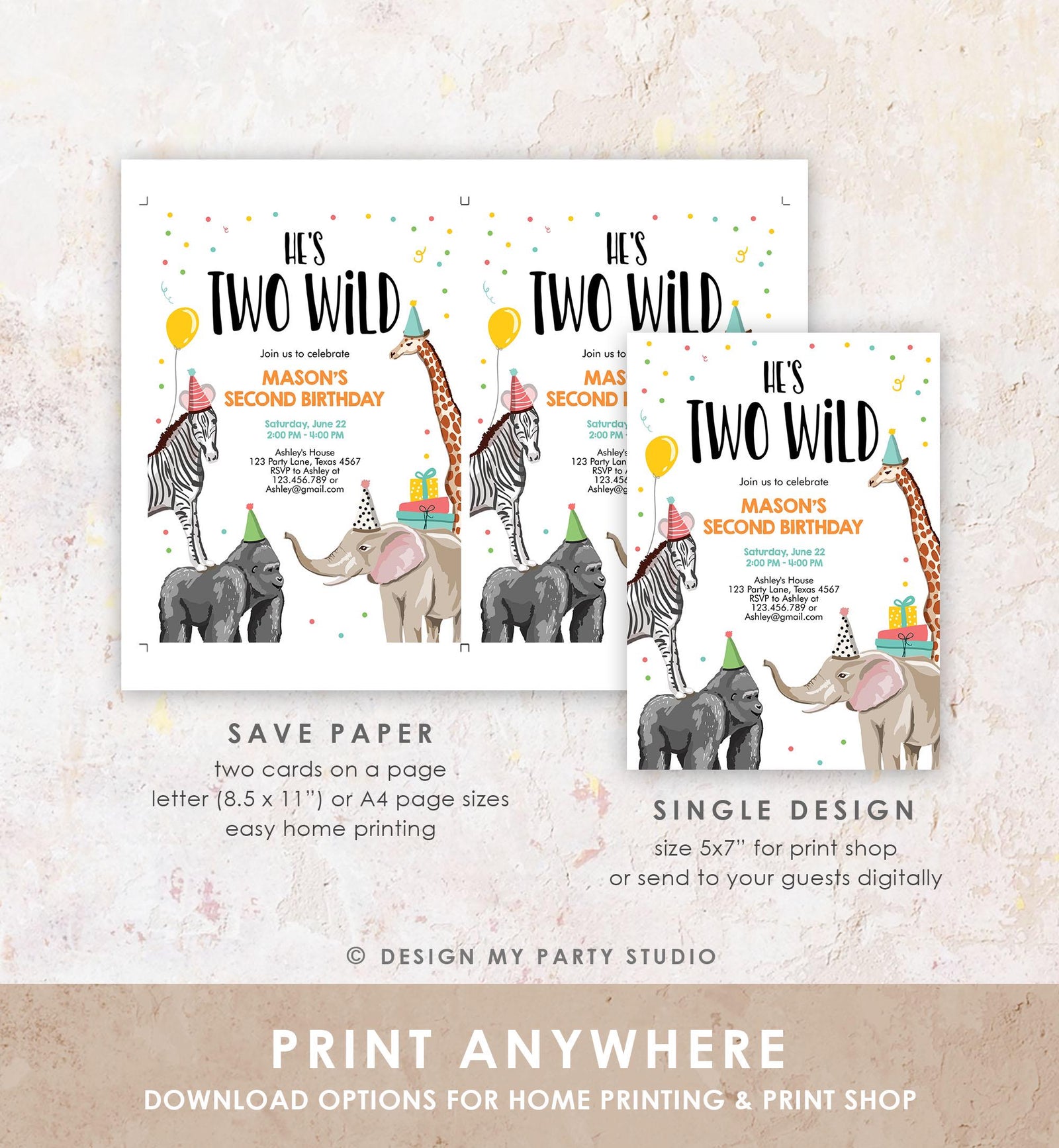 Editable Two Wild Birthday Invitation Safari Animals Party Jungle Zoo Animals Boy Party Animals Download Printable Evite Template 0142