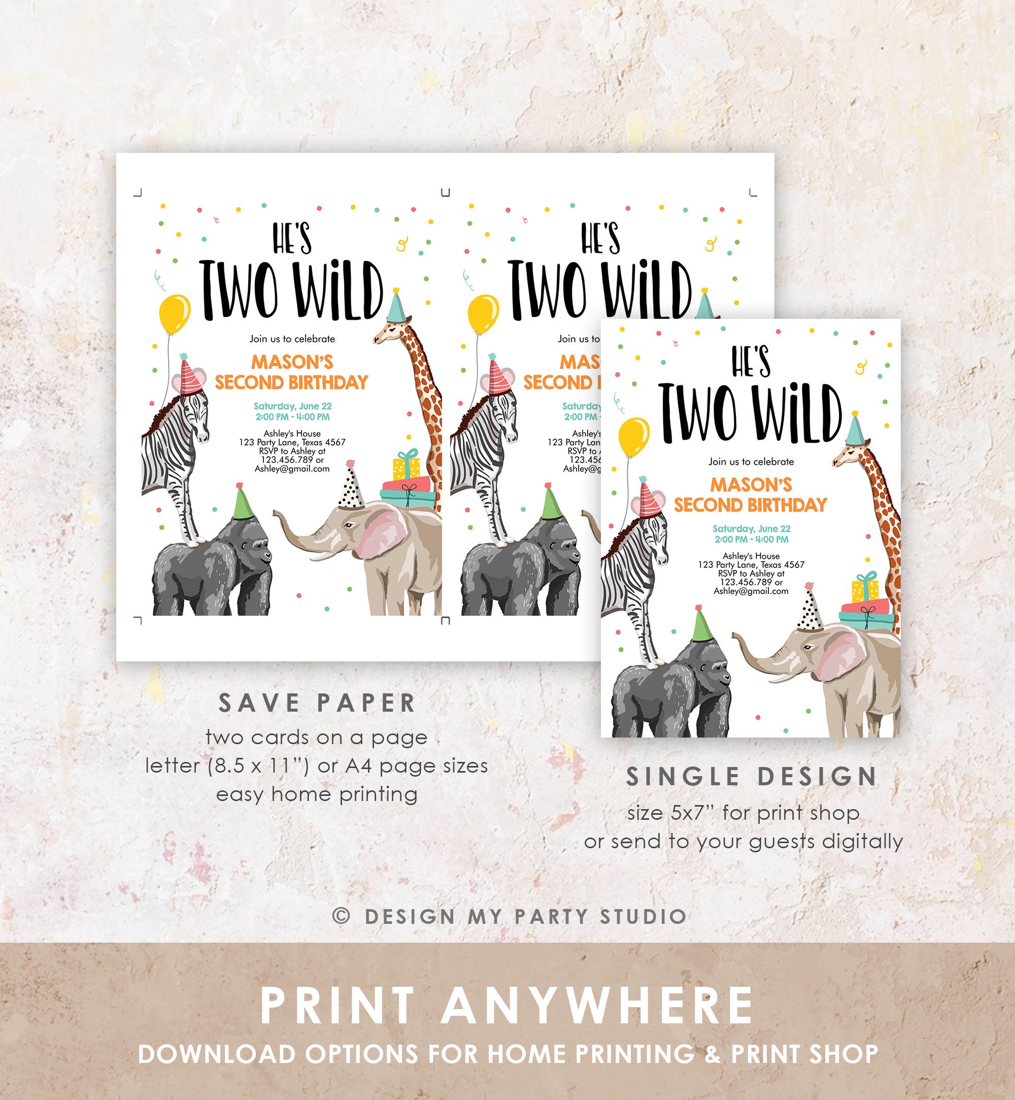 Editable Two Wild Birthday Invitation Safari Animals Party Jungle Zoo Animals Boy Party Animals Download Printable Evite Template 0142
