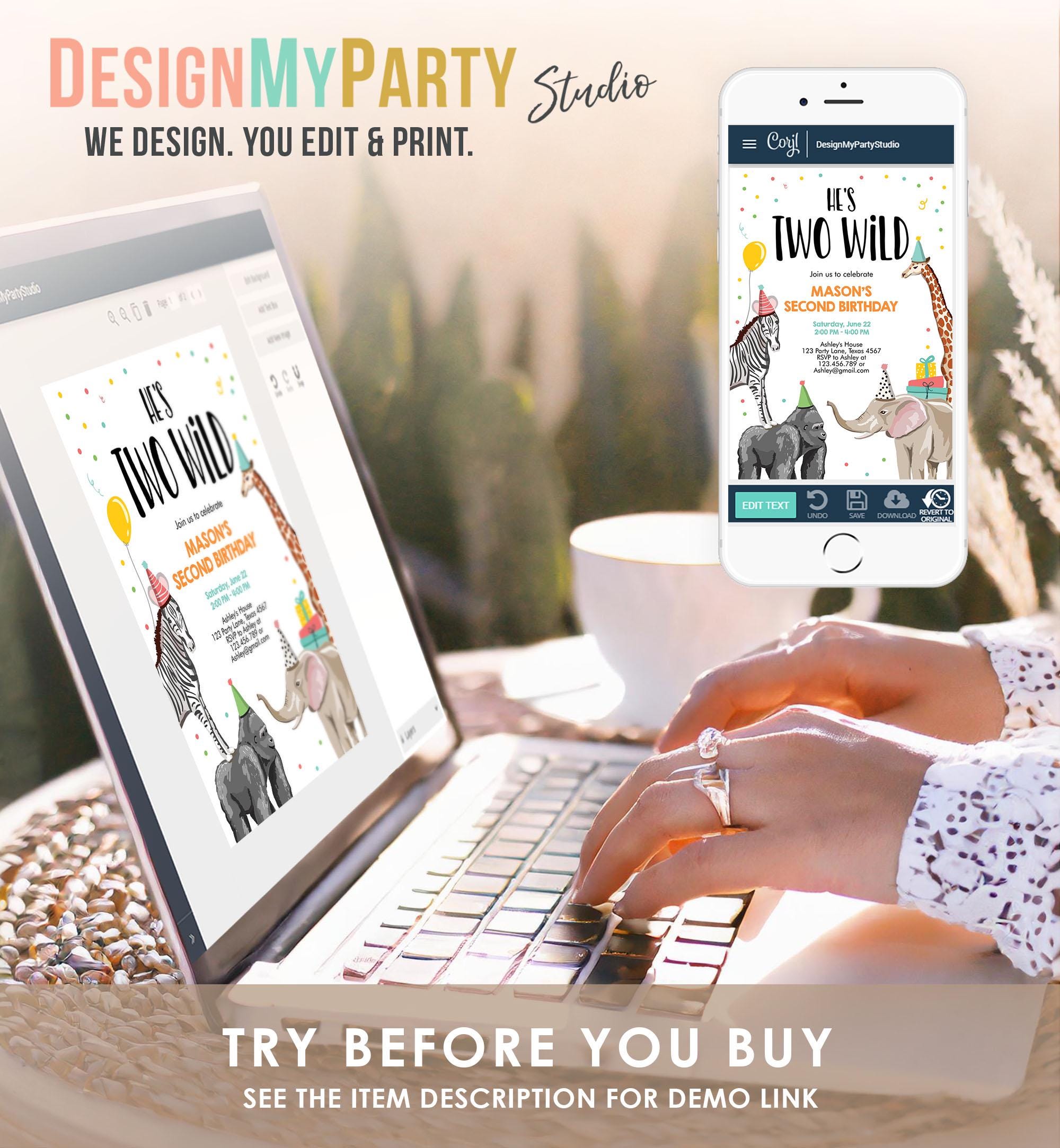 Editable Two Wild Birthday Invitation Safari Animals Party Jungle Zoo Animals Boy Party Animals Download Printable Evite Template 0142