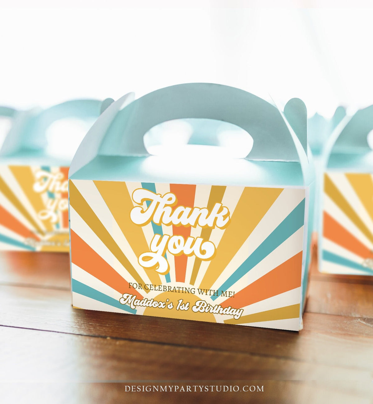 Editable Sun Birthday Party Gable Box Favor Label Boho Sun Gift Box Labels Retro Sunshine First Trip Around the Sun Download Printable 0457