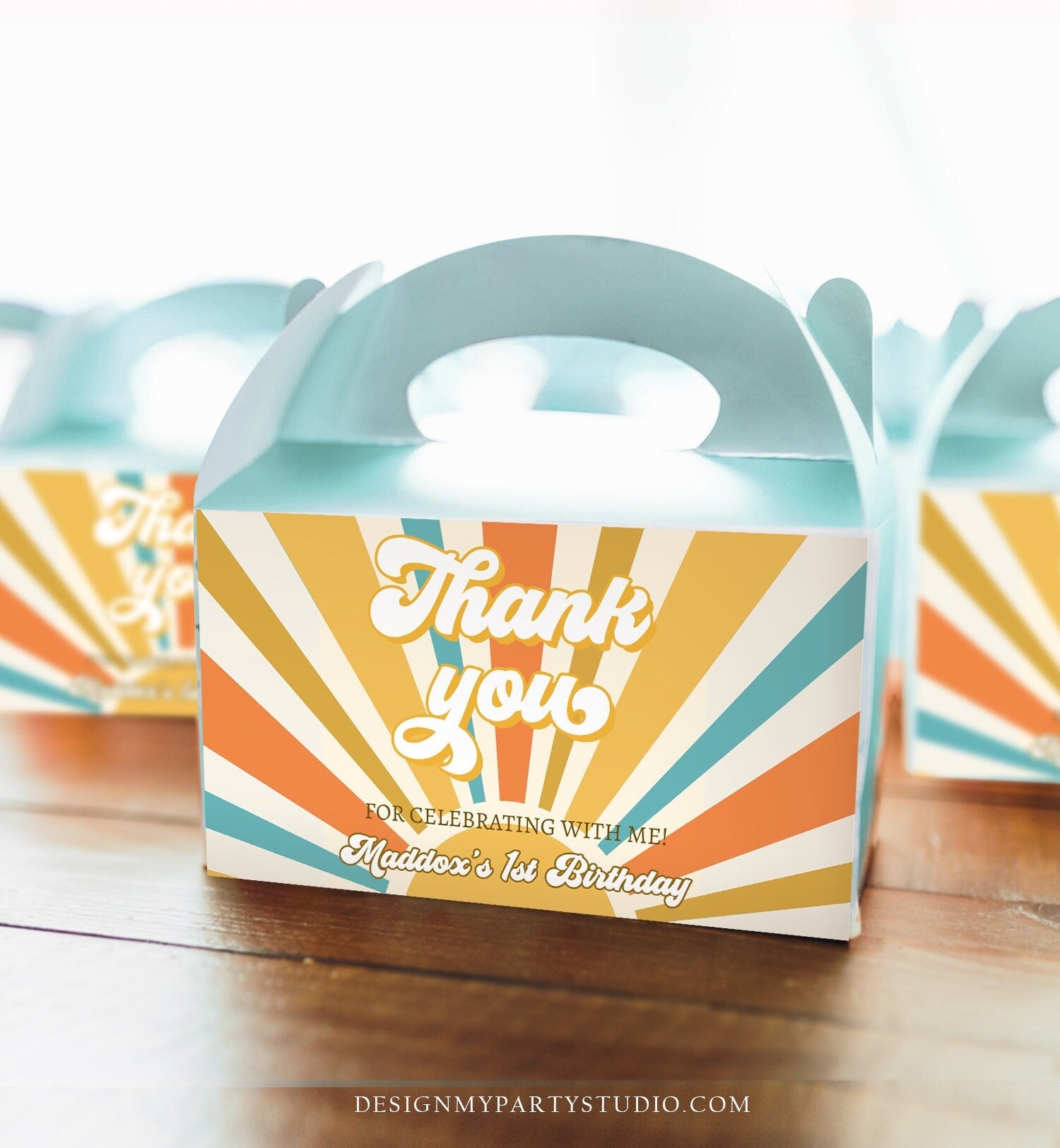 Editable Sun Birthday Party Gable Box Favor Label Boho Sun Gift Box Labels Retro Sunshine First Trip Around the Sun Download Printable 0457