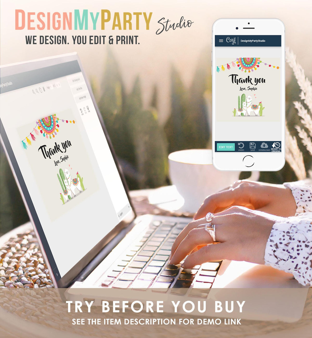 Editable Llama Thank You Favor Tags Baby Shower Stickers Fiesta Cactus Alpaca Mexican Round Square Labesl Neutral Digital Template 0079