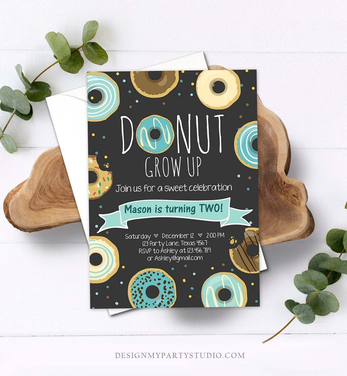 Editable Donut Grow Up Birthday Invitation First Birthday Party Blue Boy Doughnut 1st Pastel Chalk Download Printable Template Evite 0050