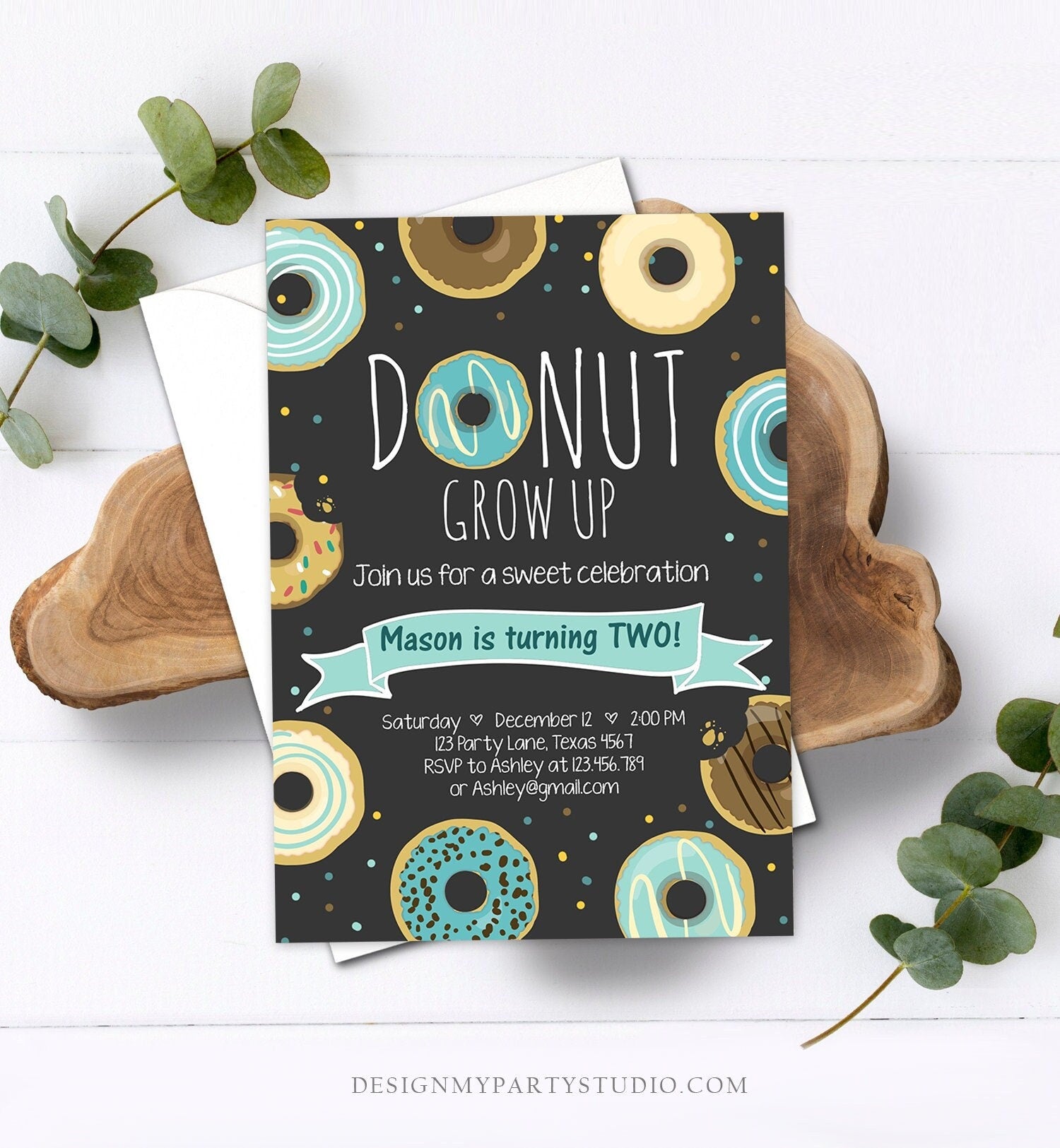 Editable Donut Grow Up Birthday Invitation First Birthday Party Blue Boy Doughnut 1st Pastel Chalk Download Printable Template Evite 0050