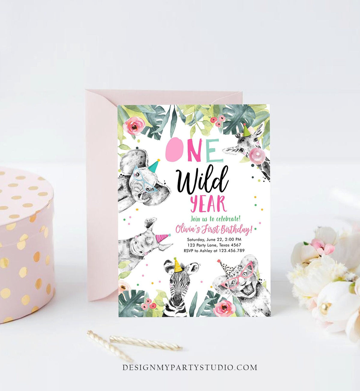 Editable One Wild Year Birthday Invitation Safari Party Animals Girl Pink First Birthday Wild One Monochrome Digital Template Printable 0322