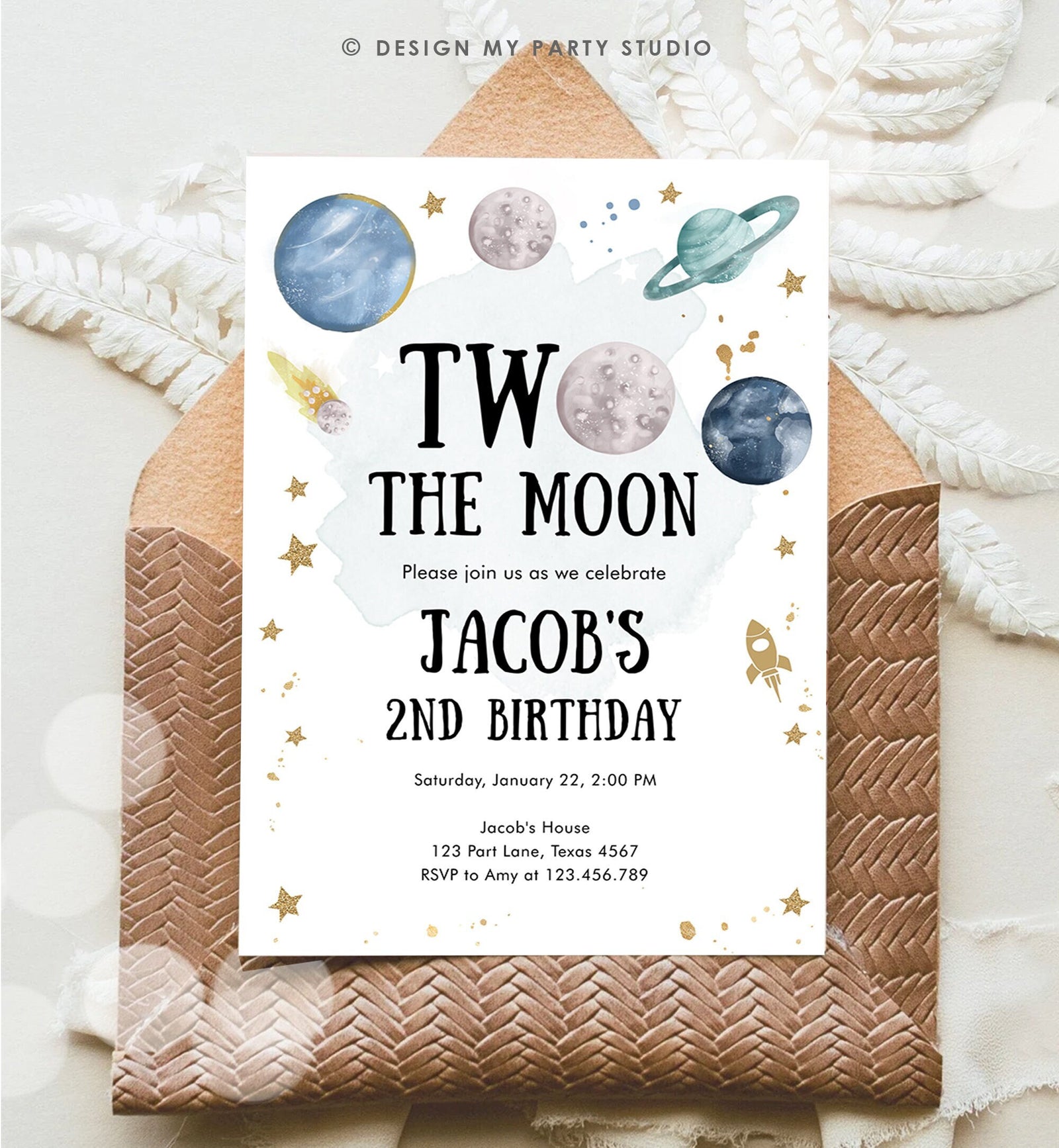 Editable Two the Moon Second Birthday Invitation Space Astronaut Planets Galaxy 2nd Boy Digital Download Evite Template Printable 0357