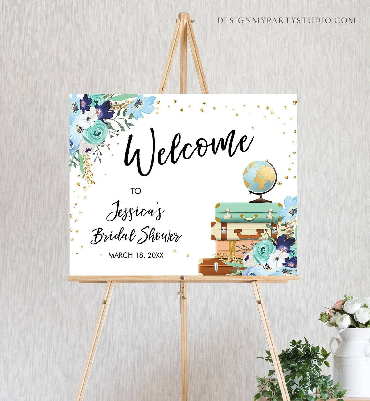 Editable Travel Welcome Sign Bridal Shower Traveling to Mrs Adventure Love is a Journey Floral Blue Download Template Printable 0030