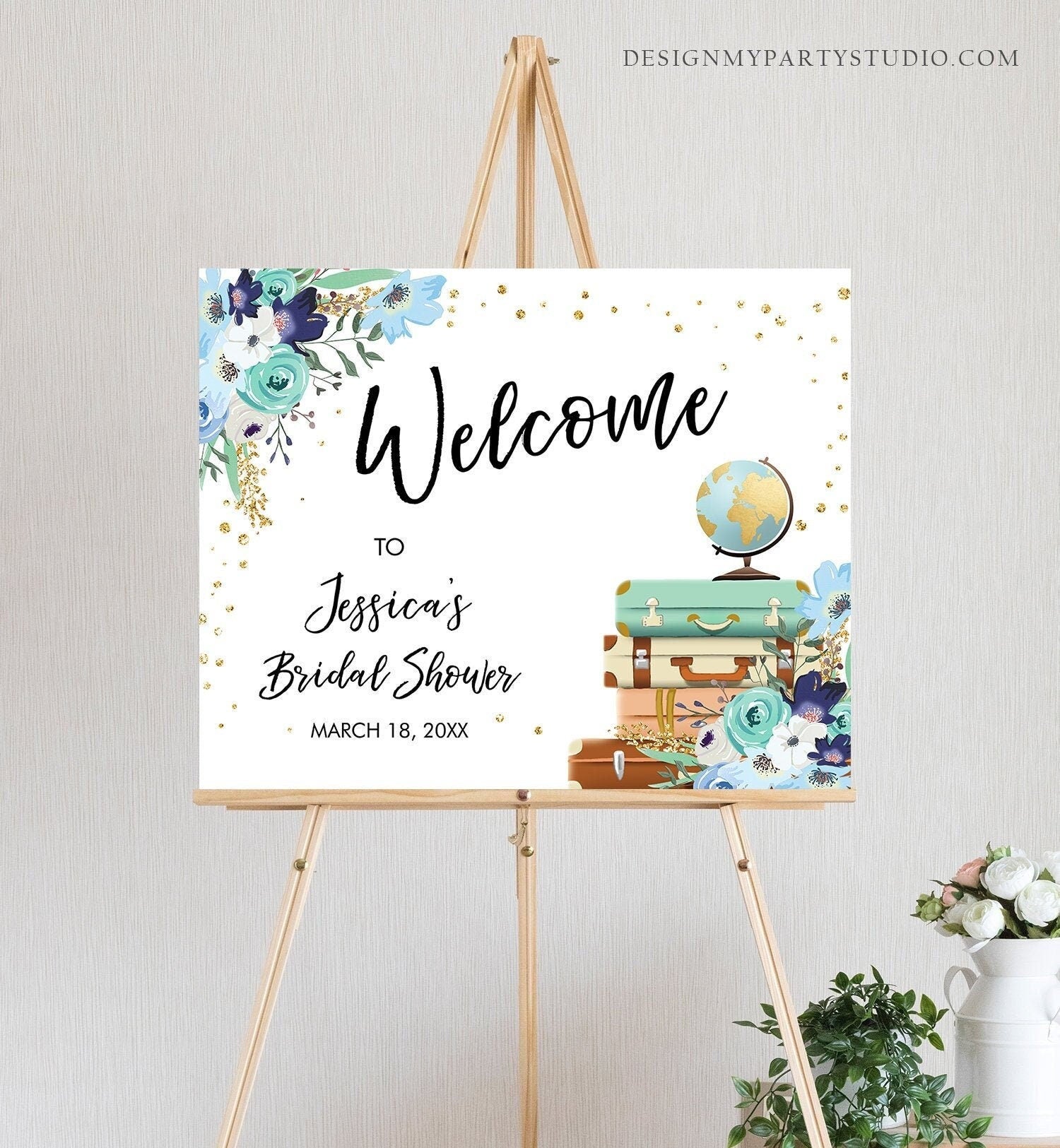 Editable Travel Welcome Sign Bridal Shower Traveling to Mrs Adventure Love is a Journey Floral Blue Download Template Printable 0030