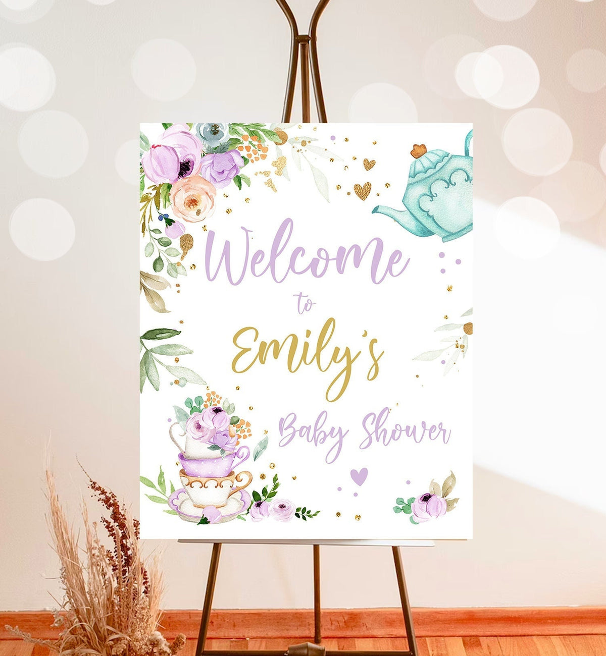 Editable Tea Baby Shower Welcome Sign Baby is Brewing Floral Purple Whimsical Neutral Shower Garden Party Digital Template Printable 0349