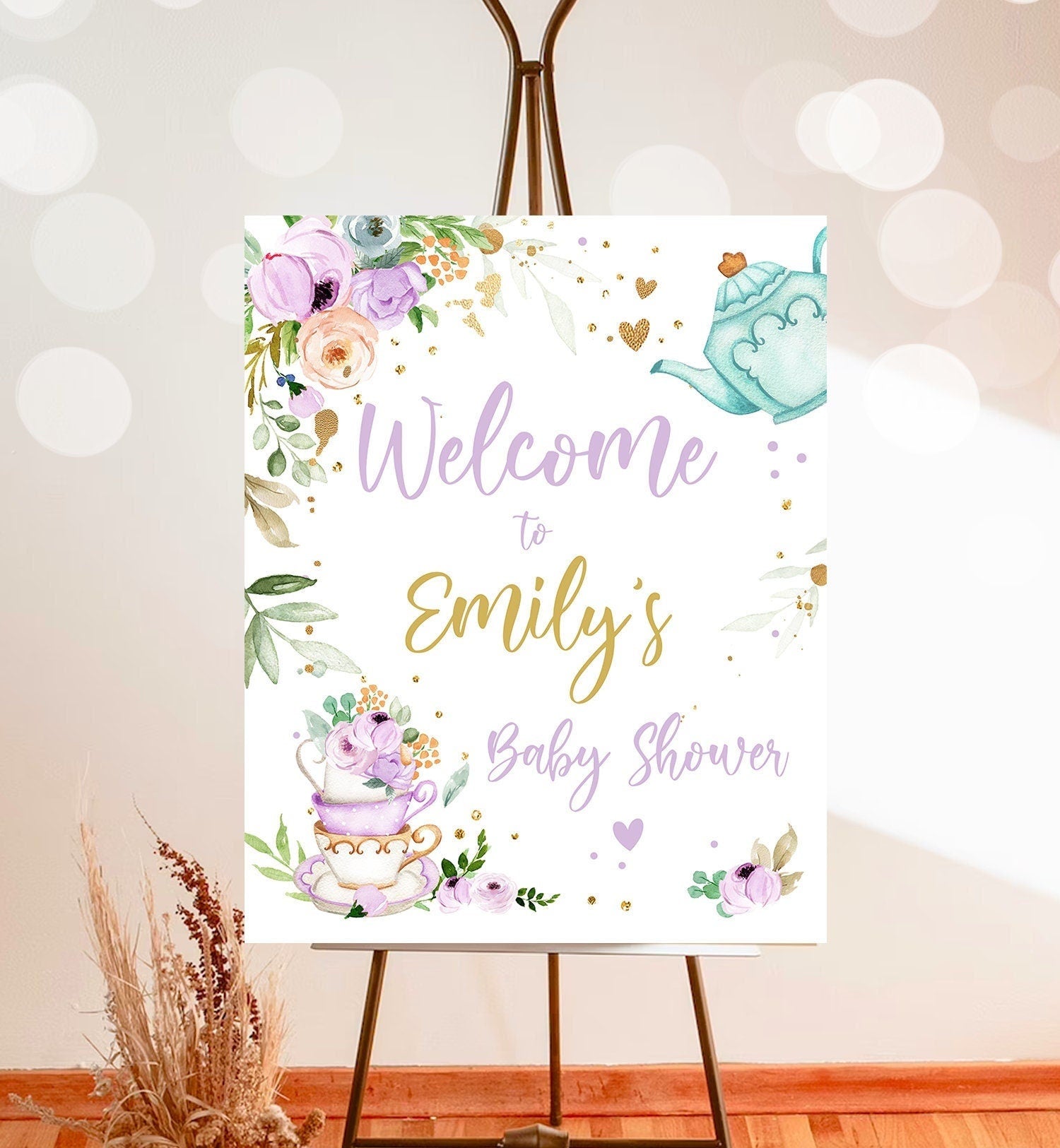 Editable Tea Baby Shower Welcome Sign Baby is Brewing Floral Purple Whimsical Neutral Shower Garden Party Digital Template Printable 0349